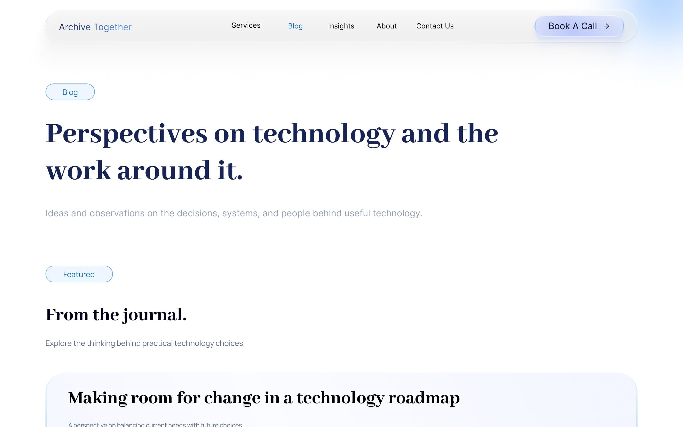 Blog page: “Perspectives on technology and the work around it”, with a featured article, “Making room for change in a technology roadmap”