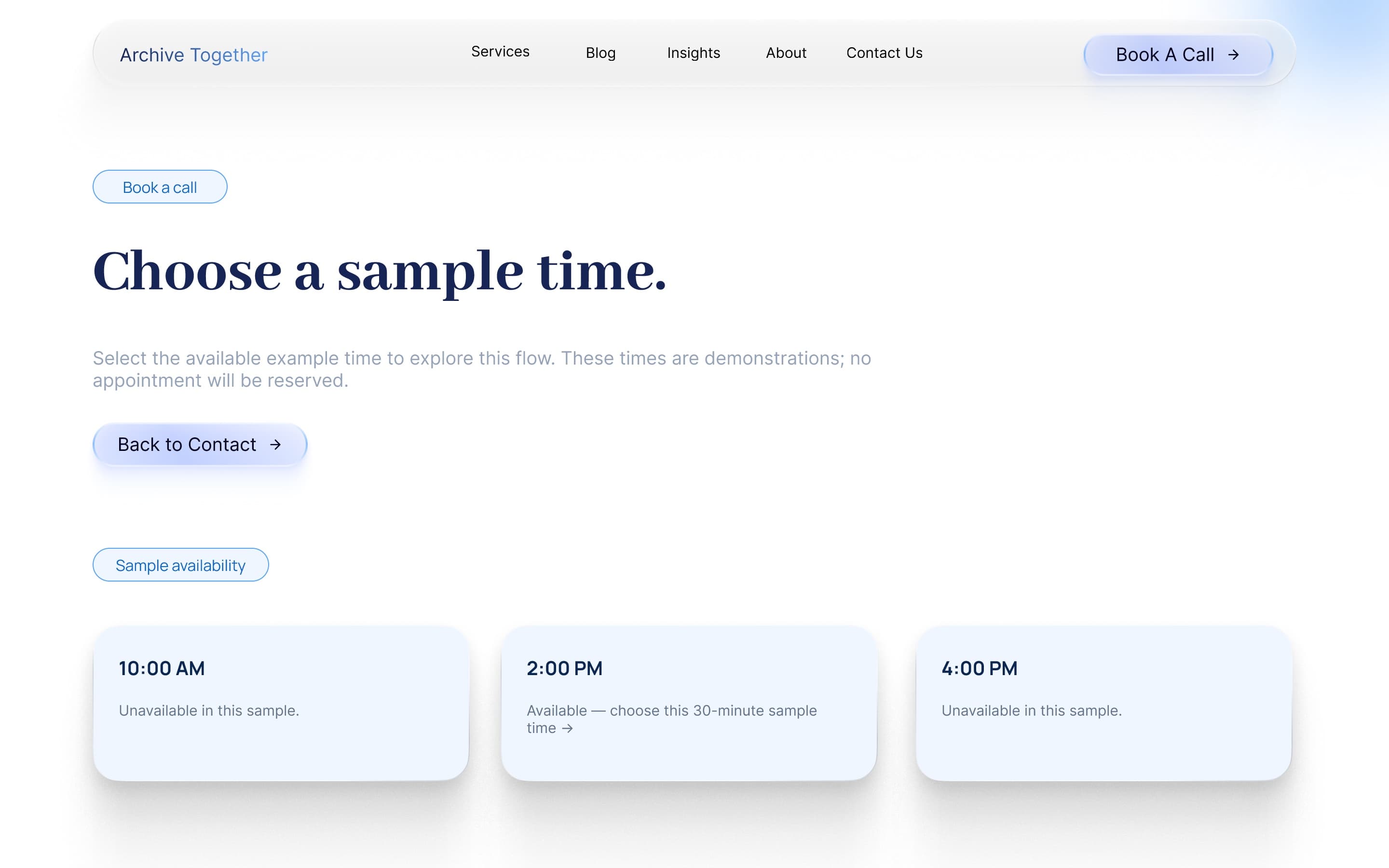 Booking page: “Choose a sample time”, with 10:00 AM and 4:00 PM unavailable and 2:00 PM available, labelled as demonstrations that reserve nothing