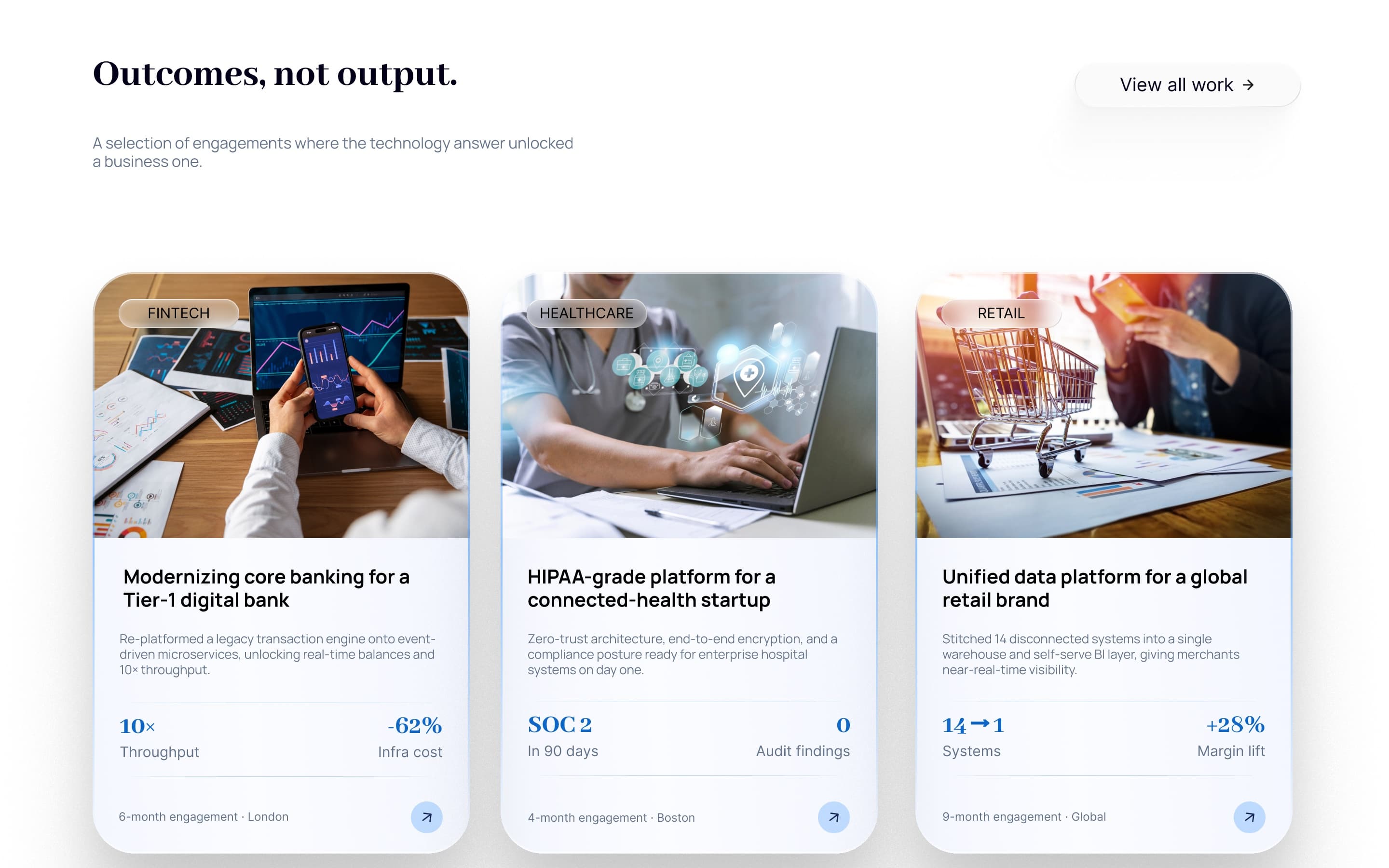 Home’s case studies, “Outcomes, not output”: fintech, healthcare and retail engagements, each with two headline figures