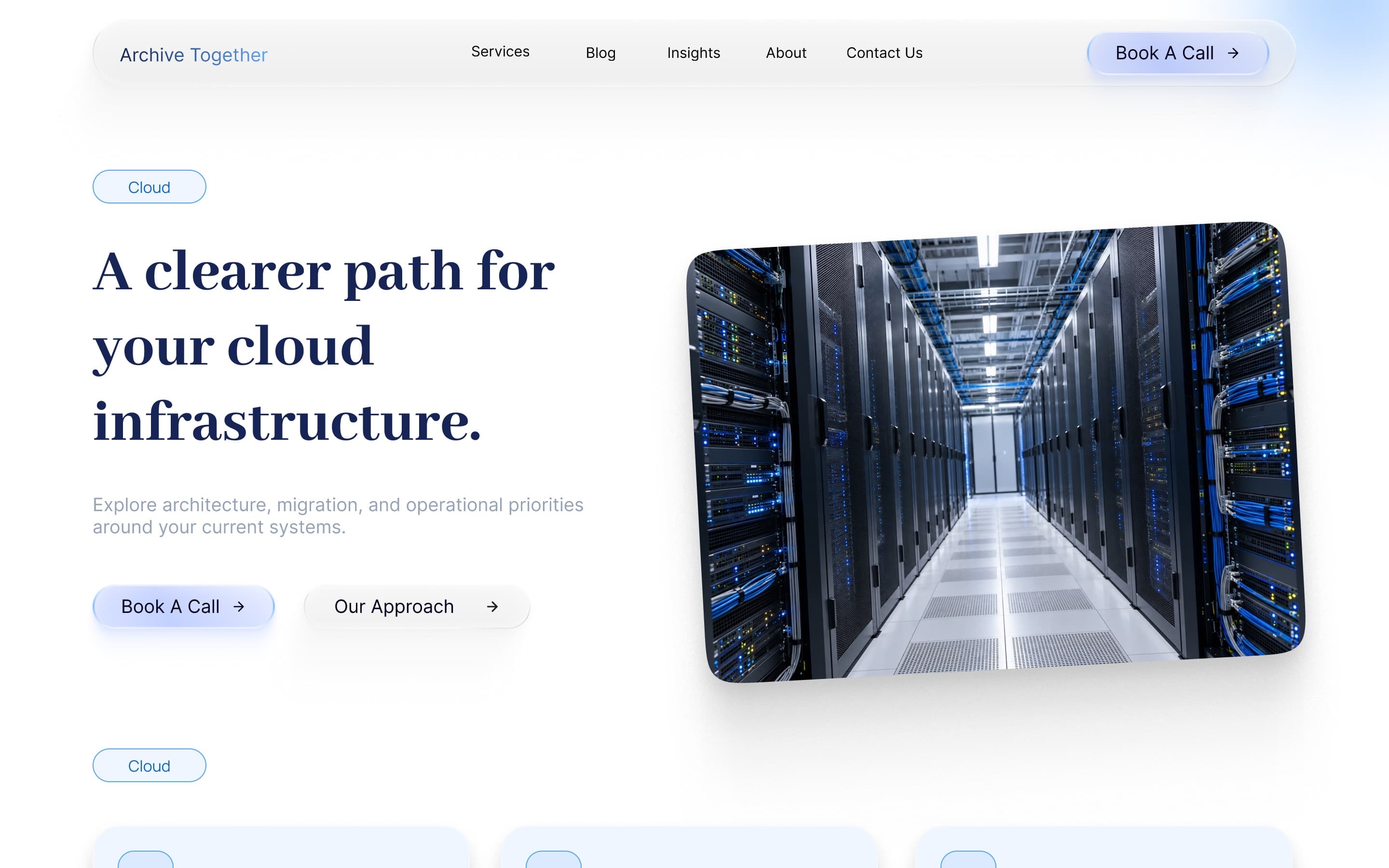 Cloud practice page: “A clearer path for your cloud infrastructure”, with Book A Call and Our Approach beside a photo of a server aisle