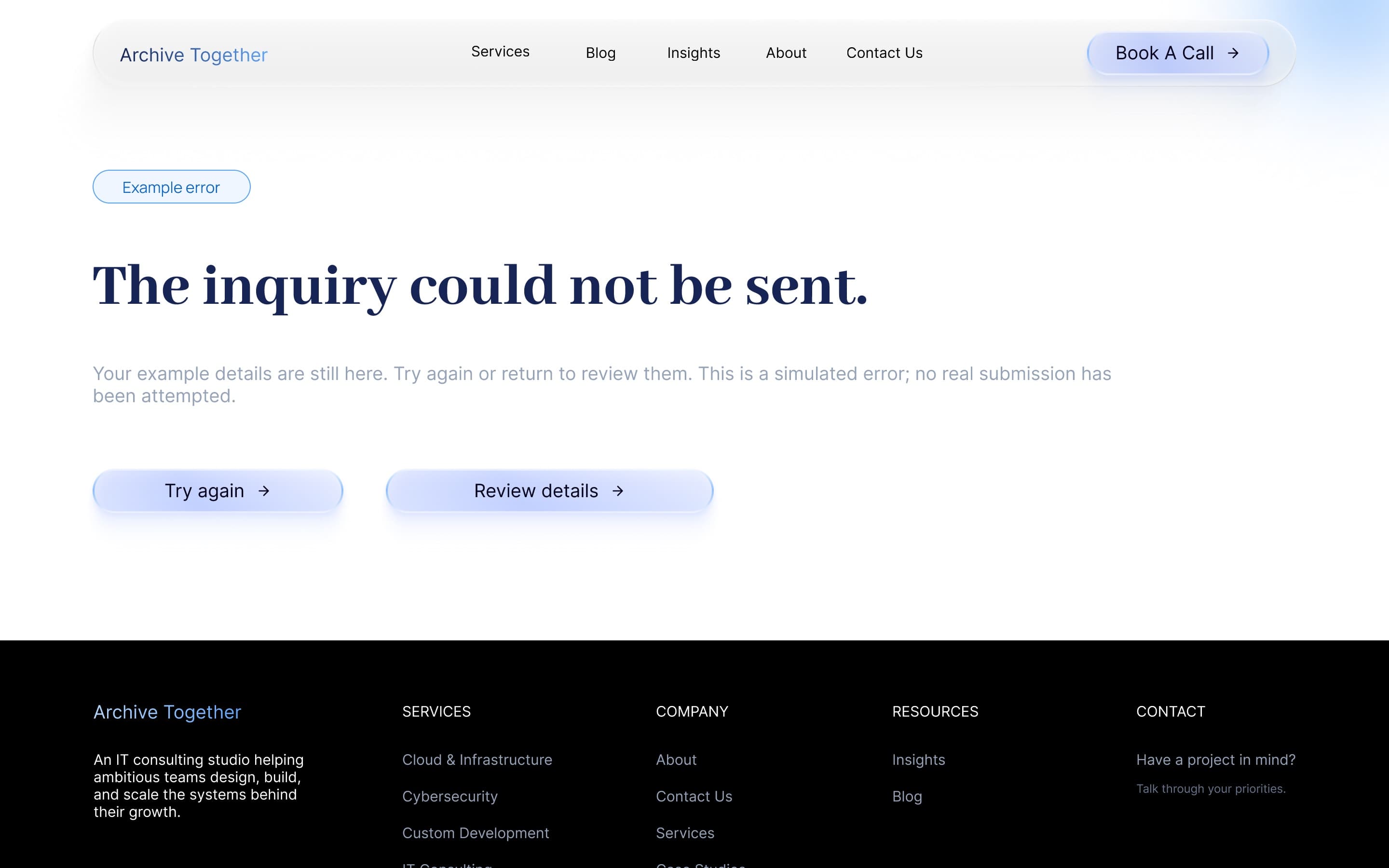 Example error page: “The inquiry could not be sent”, noting the details are kept and no real submission was attempted, with Try again and Review details
