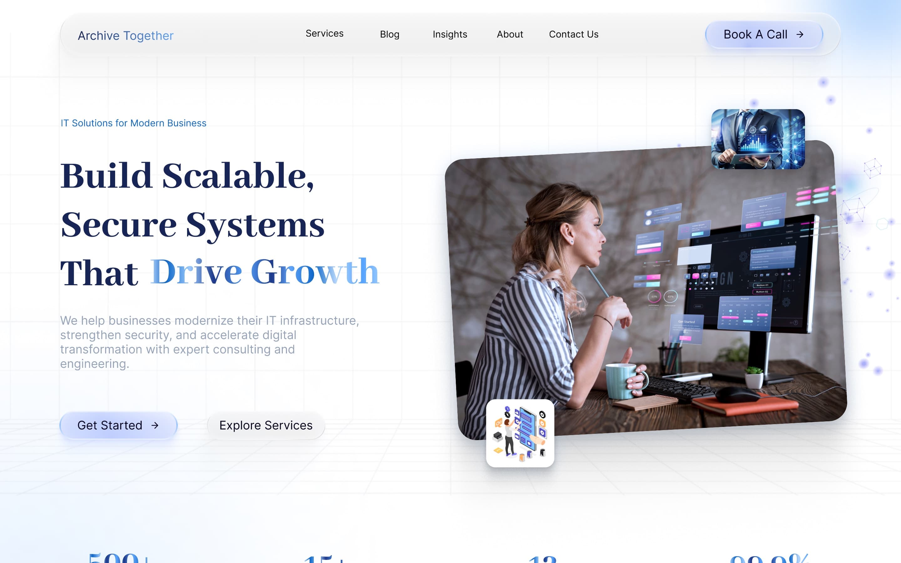 Home page: “Build scalable, secure systems that drive growth”, with Get Started and Explore Services beside a floating photo cluster, under a navigation bar with Book A Call