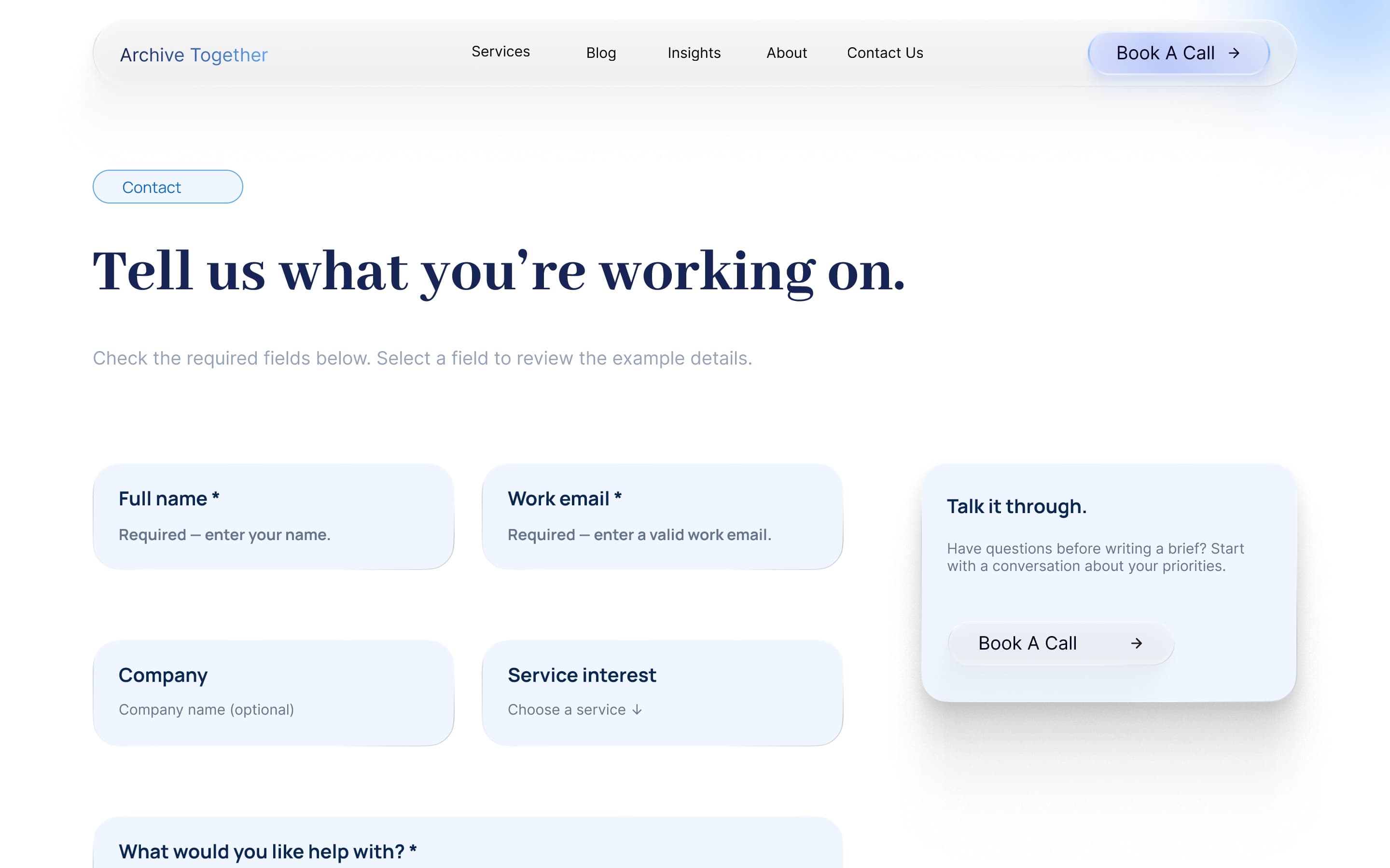 Contact form in its error state: “Check the required fields below”, with “Required — enter your name” and “Required — enter a valid work email” on the empty fields