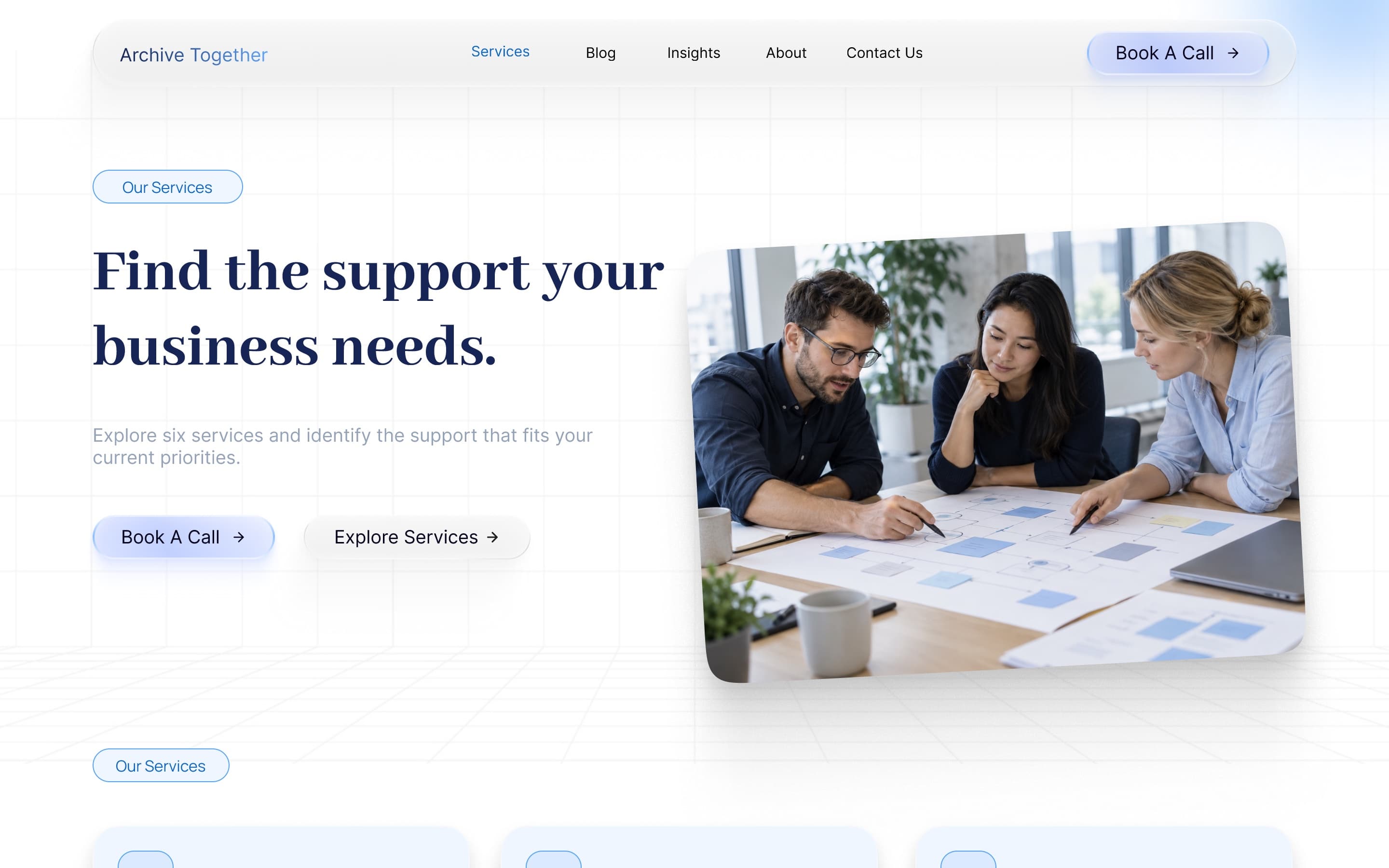 Services overview: “Find the support your business needs”, with Book A Call and Explore Services beside a photo of three people planning at a table