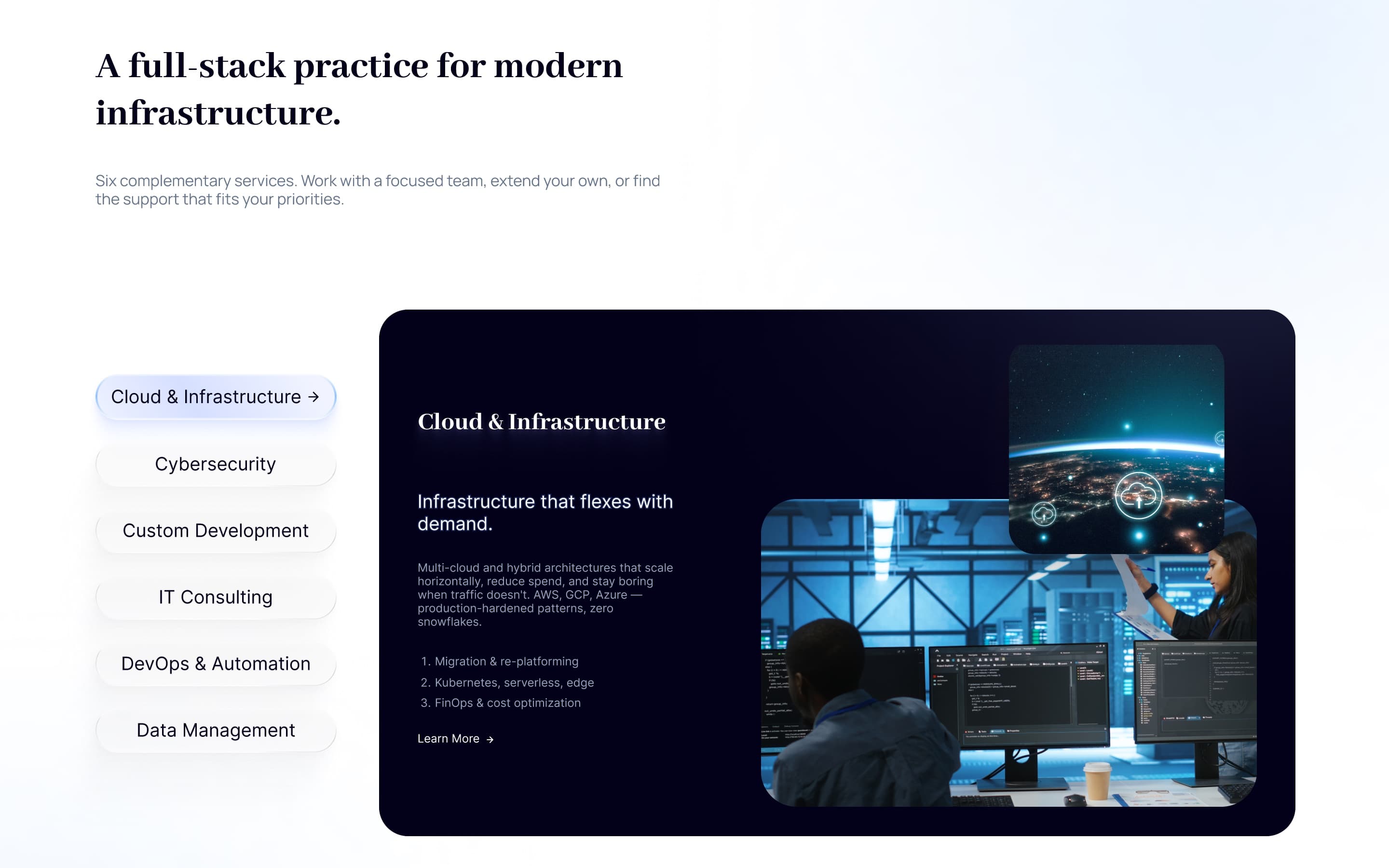 “A full-stack practice for modern infrastructure”: six practice tabs beside a dark panel for Cloud & Infrastructure listing what it covers