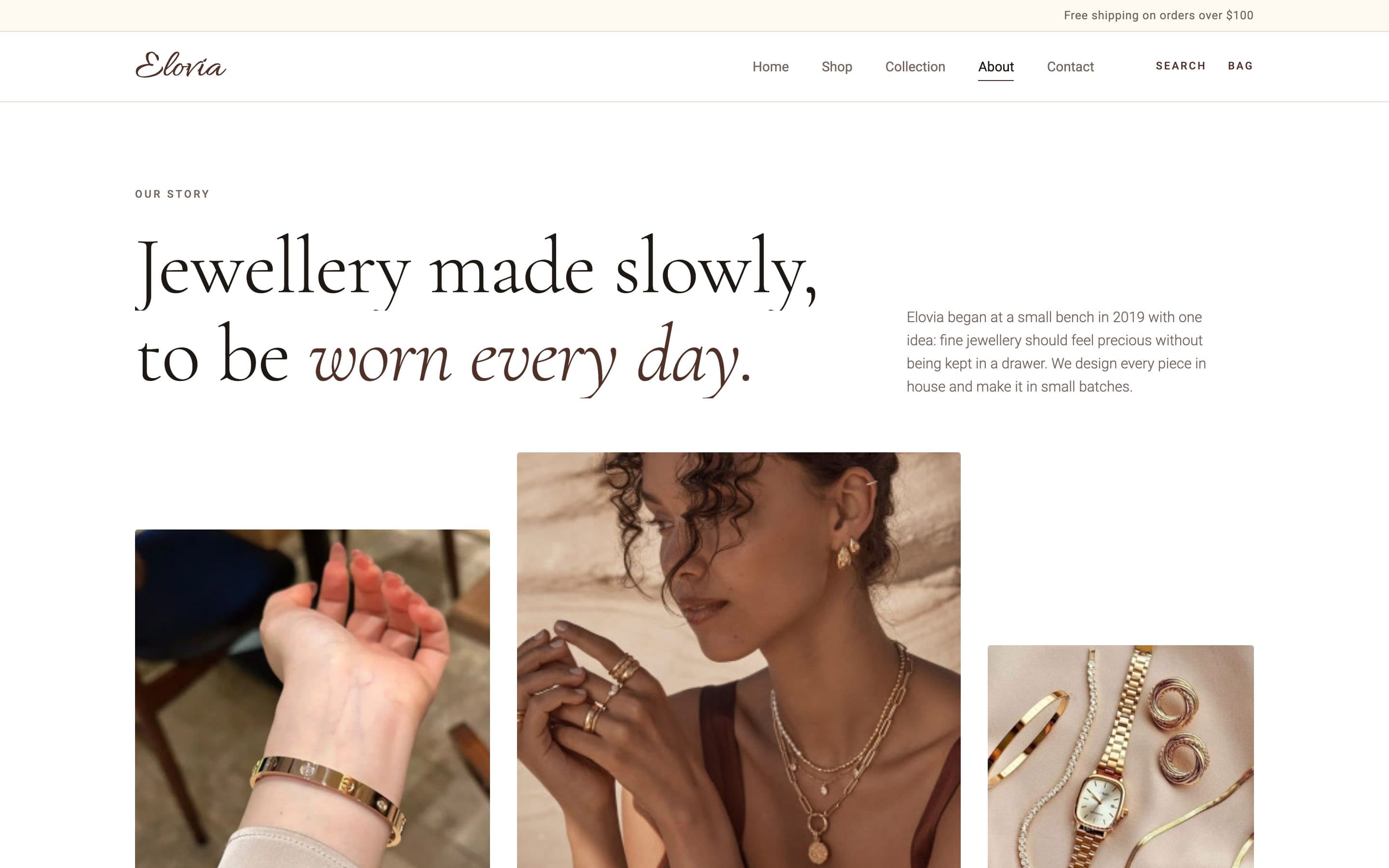 About page: “Jewellery made slowly, to be worn every day.”, with three photos of gold jewellery being worn and styled
