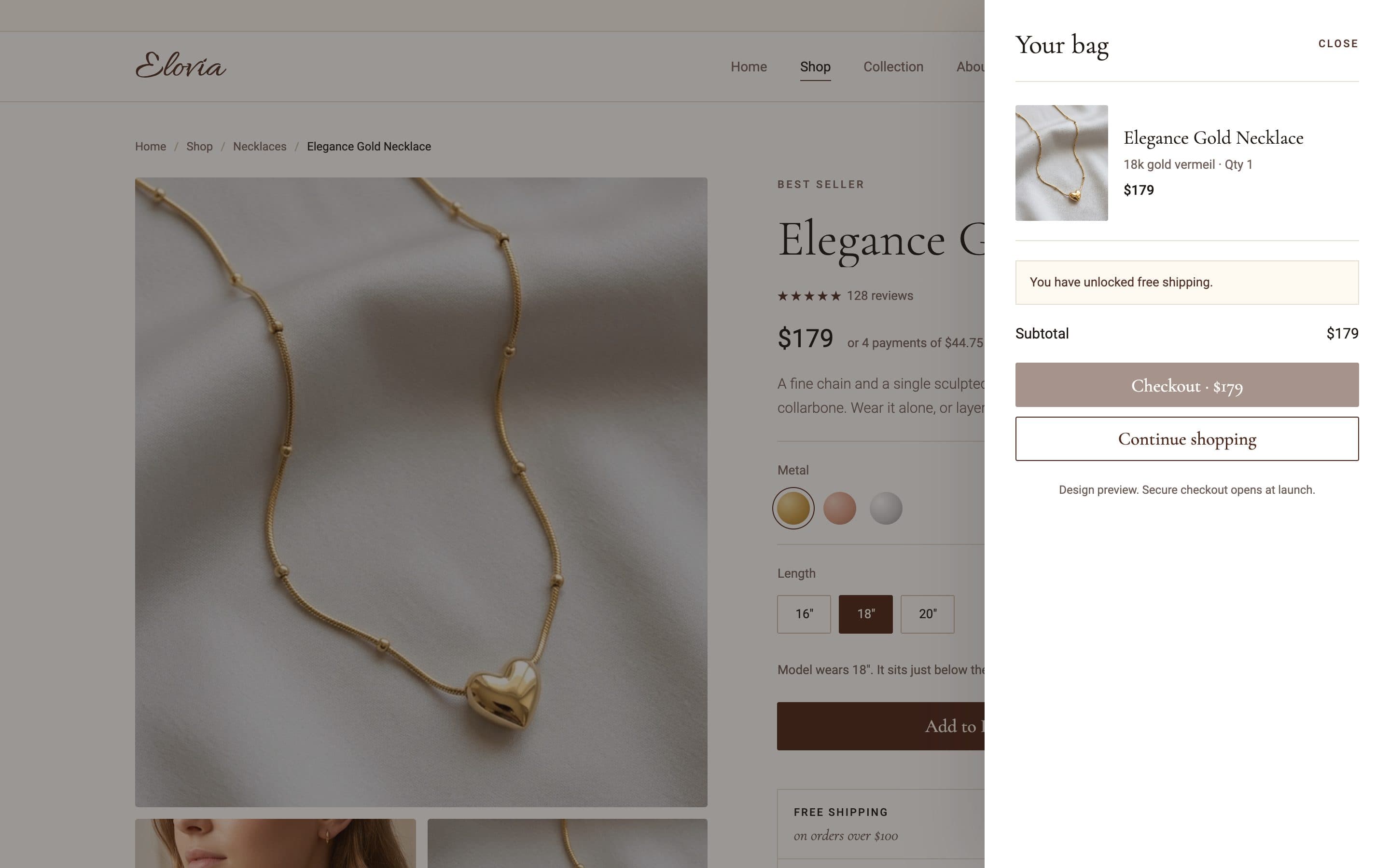 Bag drawer over the product page: Elegance Gold Necklace in 18k gold vermeil, $179, “You have unlocked free shipping”, Checkout and Continue shopping, and “Design preview. Secure checkout opens at launch.”