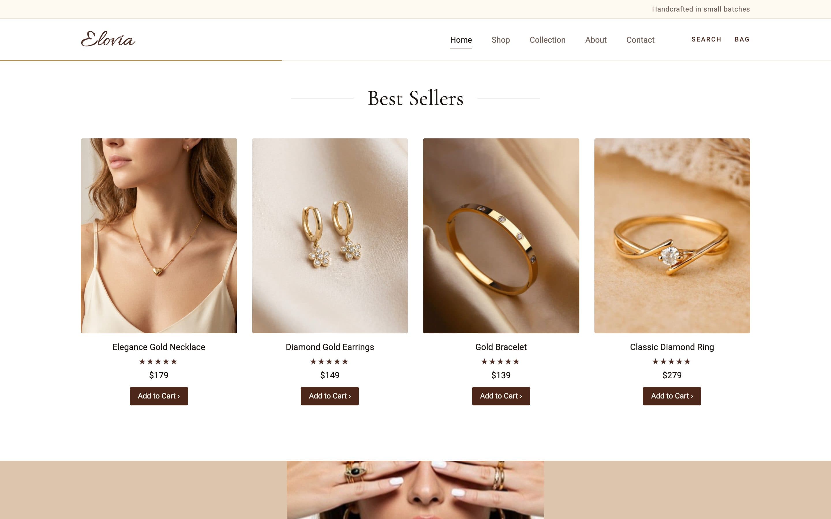 Best Sellers with names, ratings and prices; the first card, hovered, shows the Elegance Gold Necklace being worn