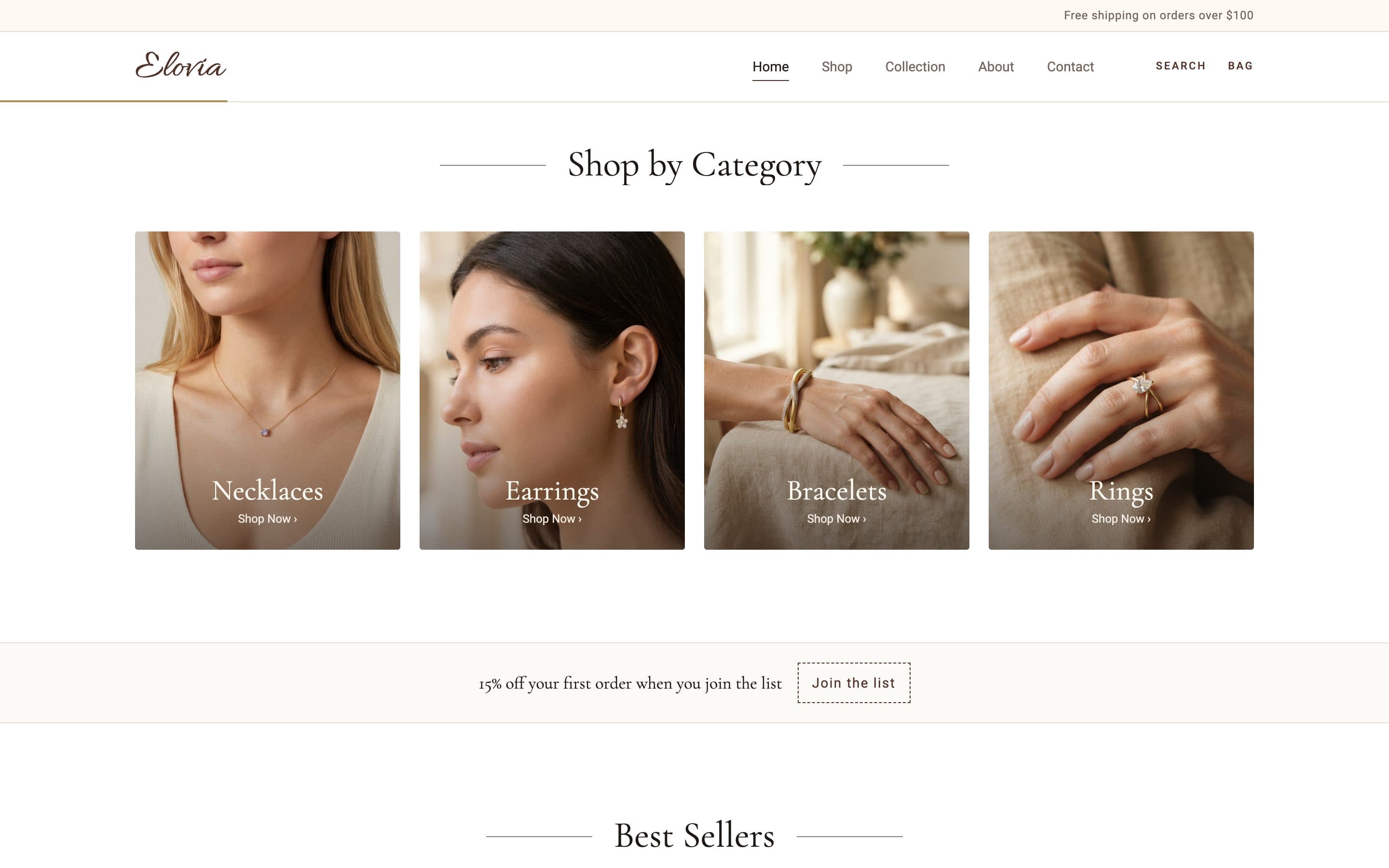 Shop by Category: four photo tiles — Necklaces, Earrings, Bracelets and Rings — above the single offer, 15% off your first order when you join the list