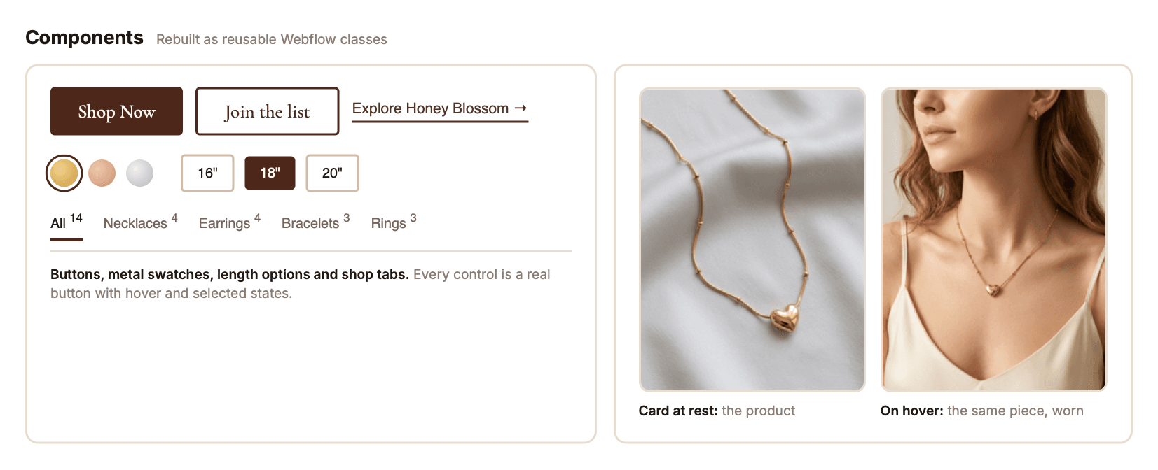 Components: Shop Now, Join the list and Explore Honey Blossom buttons, metal swatches, length options and shop tabs, beside a product card at rest and on hover, showing the same necklace worn
