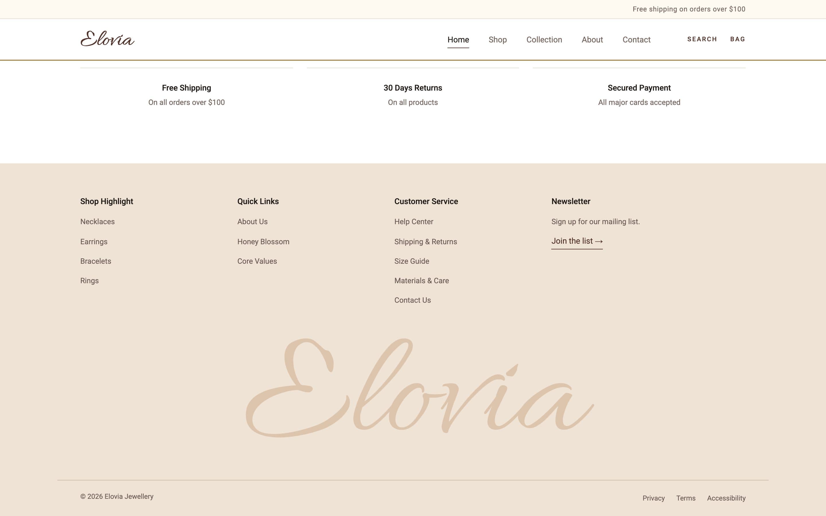 The footer: shop categories, quick links and help pages, closed by a large Elovia script wordmark on linen