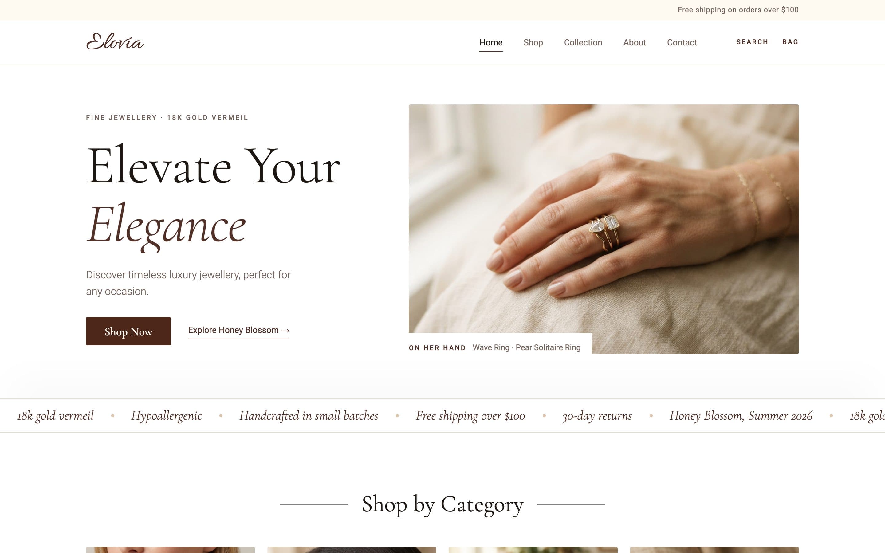 Elovia’s home page: “Elevate Your Elegance” beside a photo of a hand wearing two rings, with Shop Now and Explore Honey Blossom, under a header with Search and Bag
