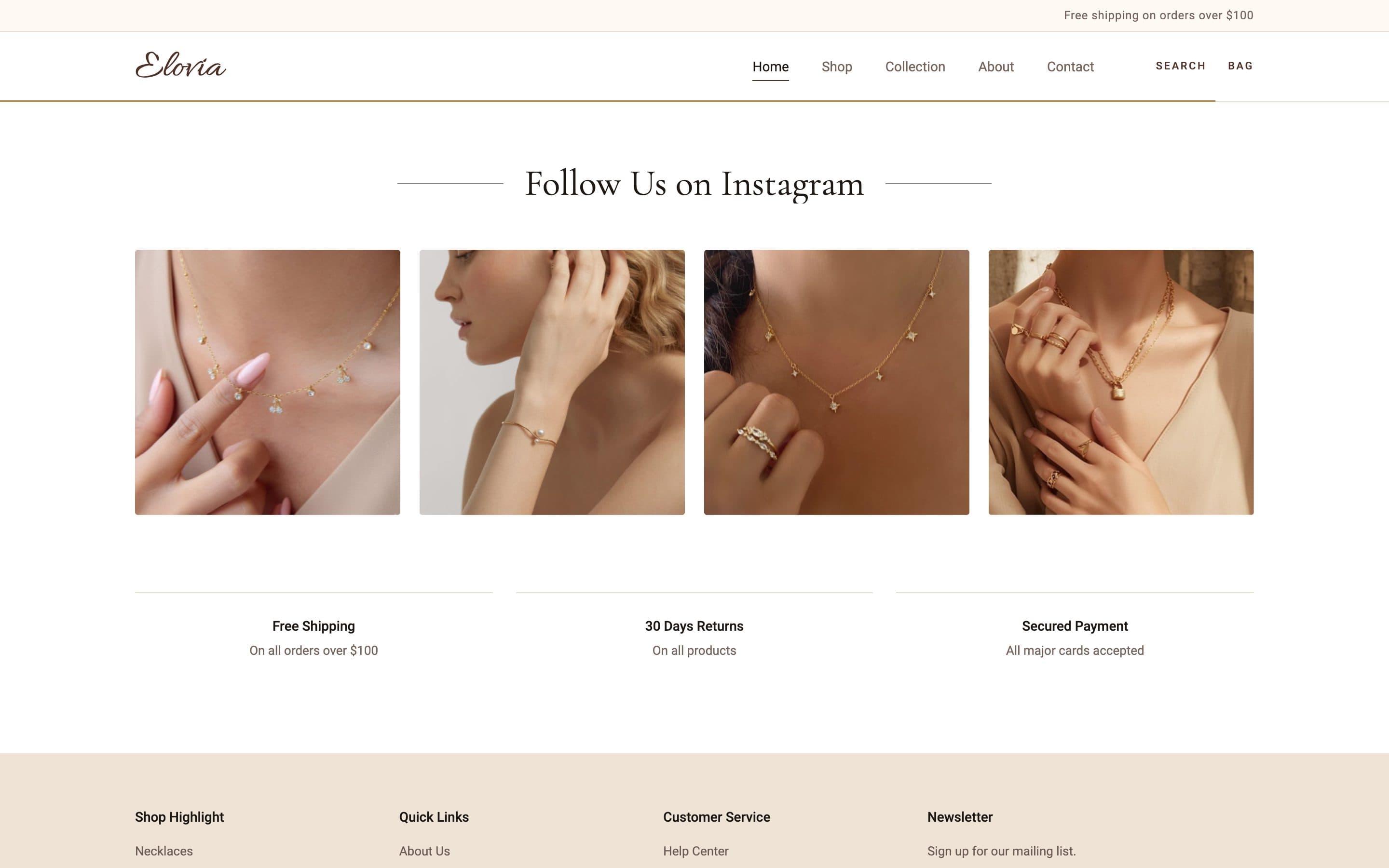 An Instagram row of four styled photos above the trust row: free shipping on orders over $100, 30-day returns and secured payment