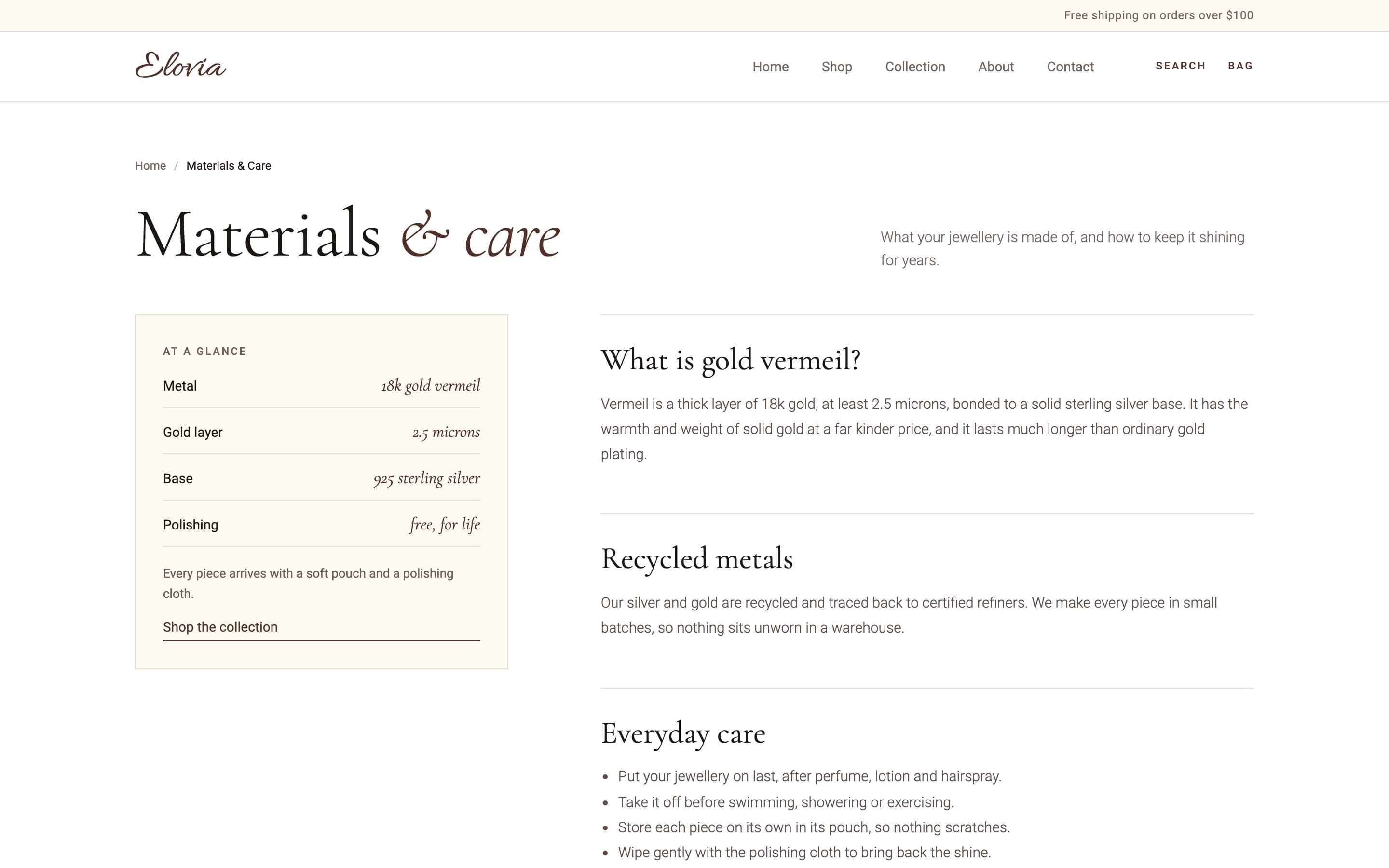 Materials & care: 18k gold vermeil at 2.5 microns over 925 sterling silver, recycled metals and everyday care