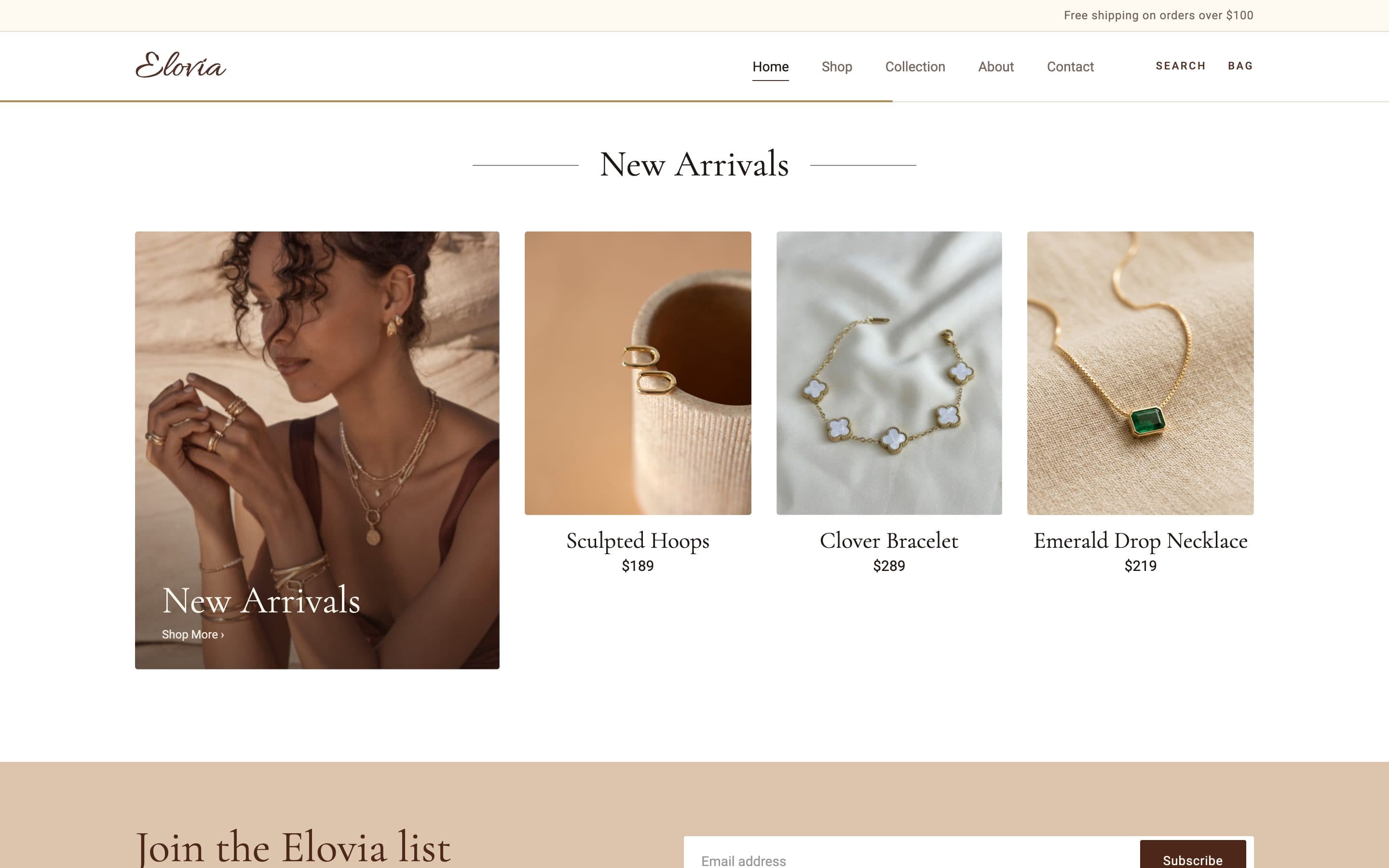 New Arrivals: a feature tile beside Sculpted Hoops $189, Clover Bracelet $289 and Emerald Drop Necklace $219