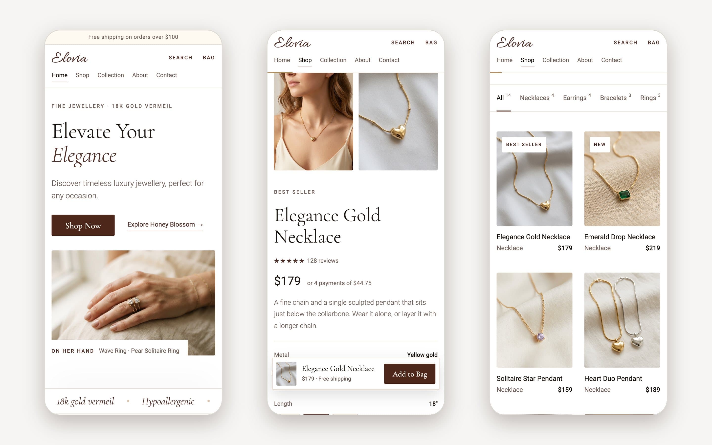 Three phone screens: the home hero, the product page with a sticky buy bar — Elegance Gold Necklace, $179, Add to Bag — and the shop grid with category tabs