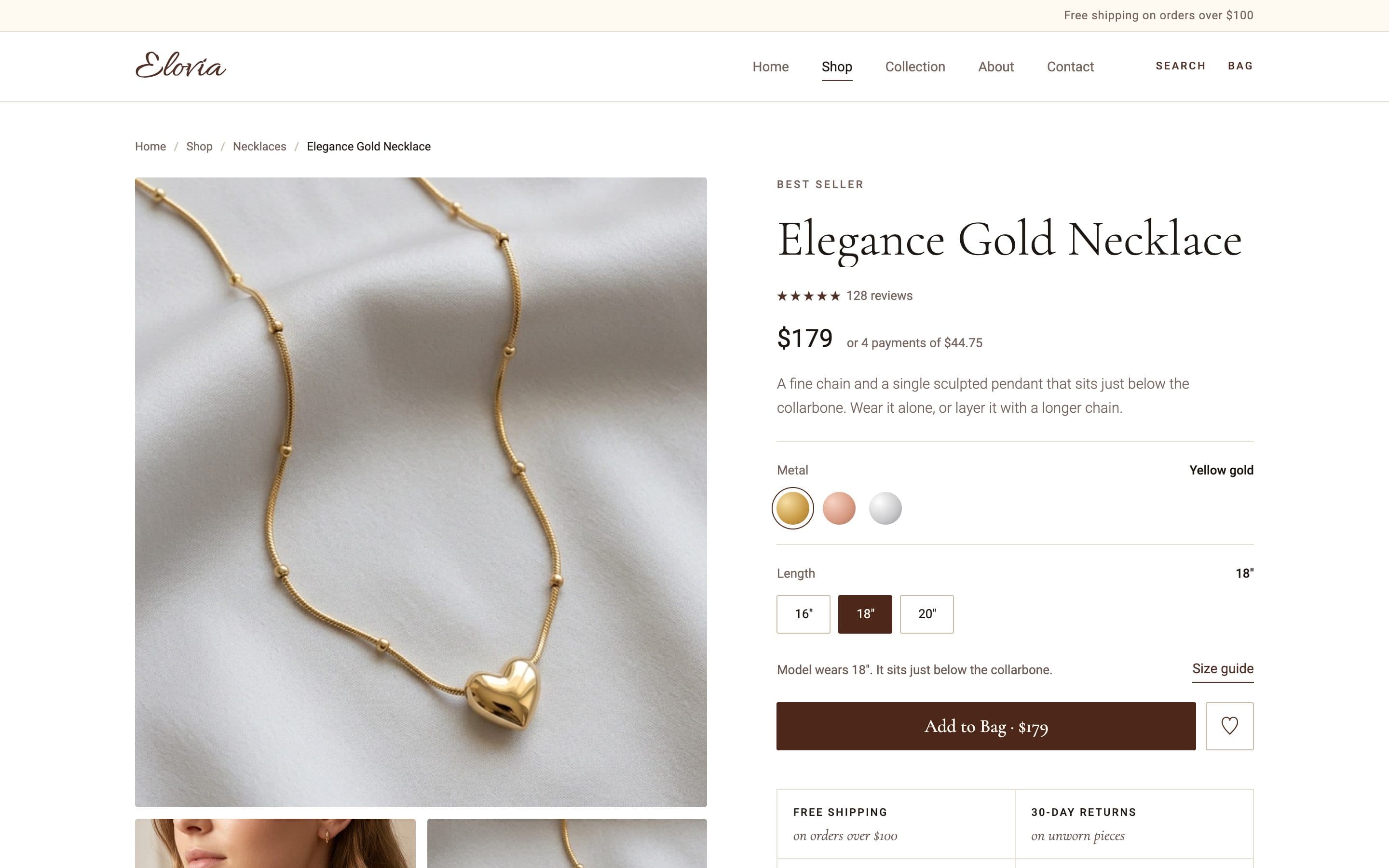 Product page for the Elegance Gold Necklace, $179: metal swatches, 16, 18 and 20 inch lengths with 18 selected, a note on where it sits, Add to Bag, a wishlist button and a trust grid — free shipping, 30-day returns, gift-ready, hypoallergenic