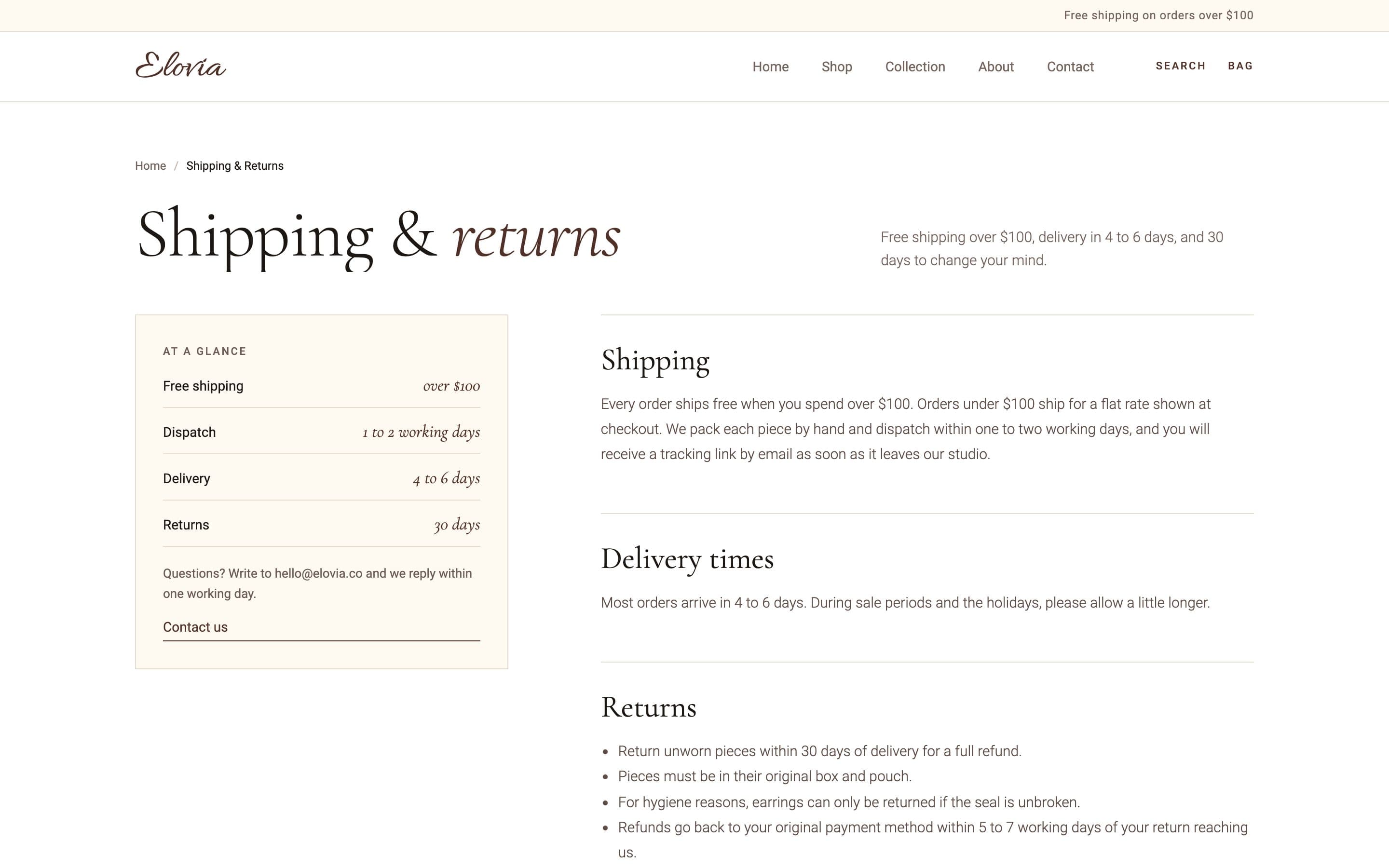 Shipping & returns page: an at-a-glance card — free shipping over $100, dispatch in 1 to 2 working days, delivery in 4 to 6 days, 30-day returns — beside shipping, delivery and returns details