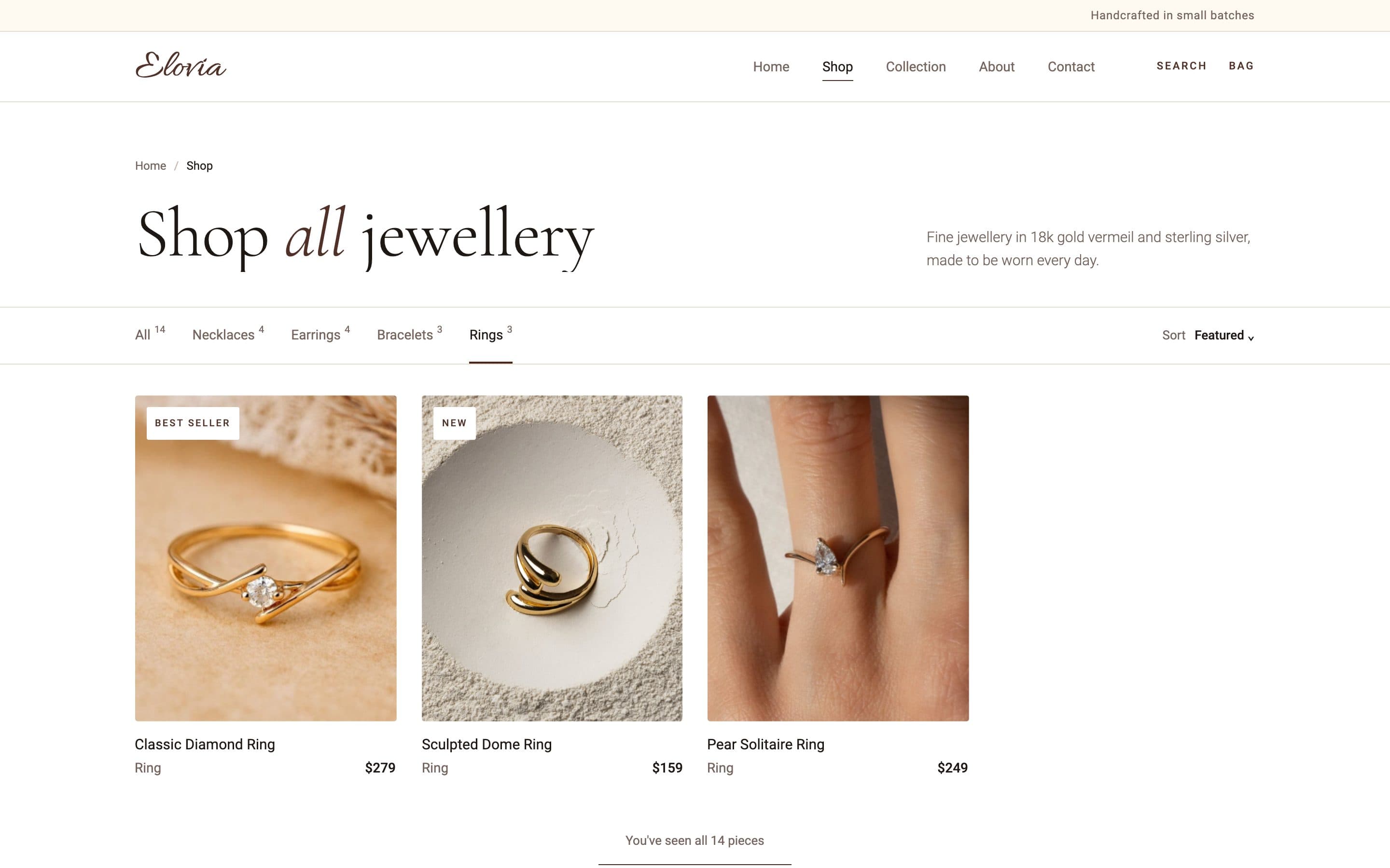 The shop filtered to Rings: Classic Diamond Ring $279, Sculpted Dome Ring $159 and Pear Solitaire Ring $249