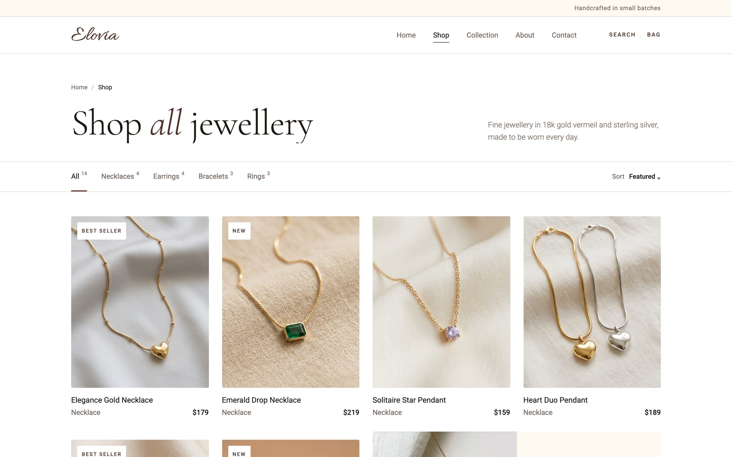 Shop page: “Shop all jewellery”, with tabs for All 14, Necklaces 4, Earrings 4, Bracelets 3 and Rings 3 above a grid of necklaces with names, types and prices