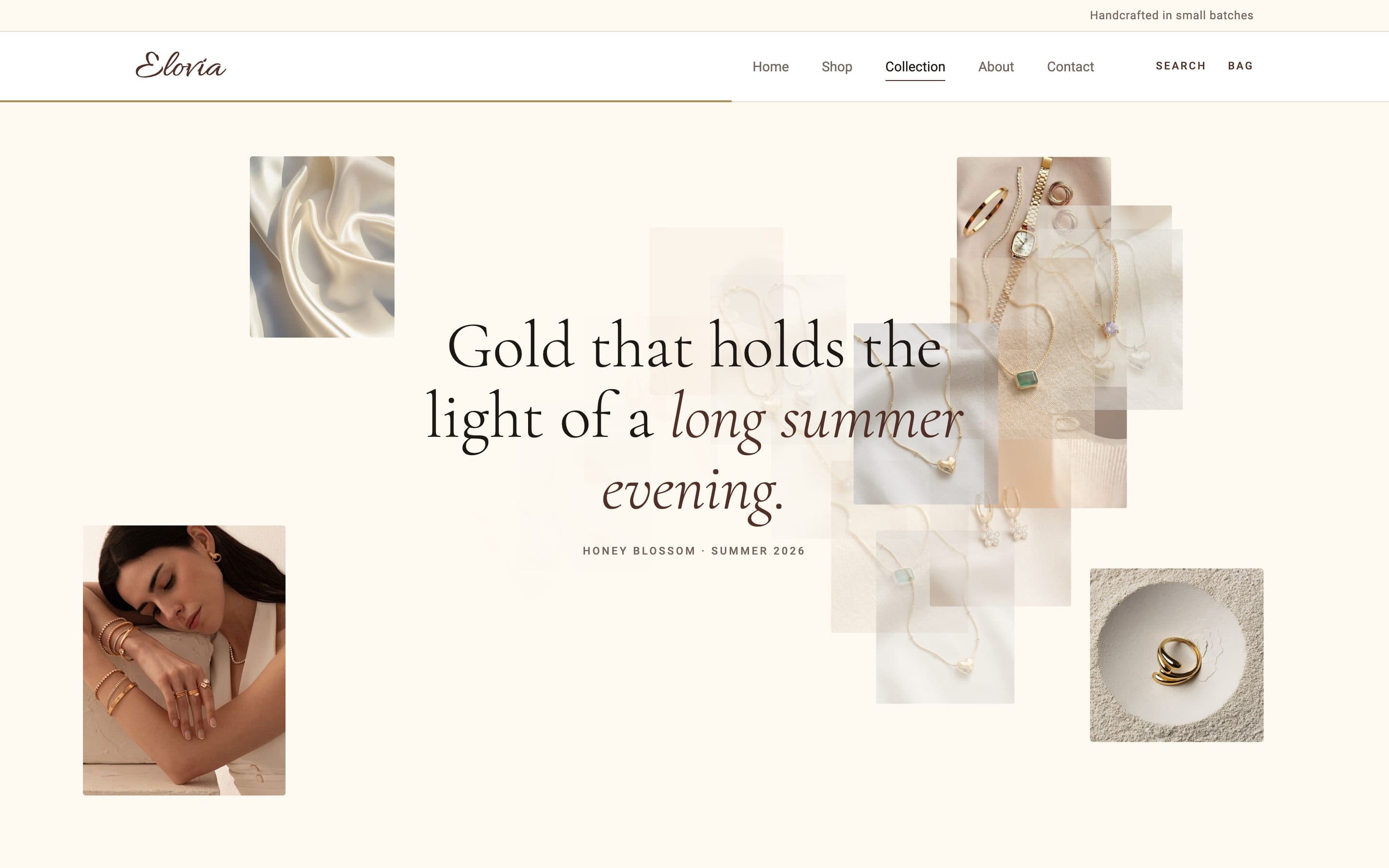 Collection page: “Gold that holds the light of a long summer evening”, with faint photos from the edit trailing behind the cursor