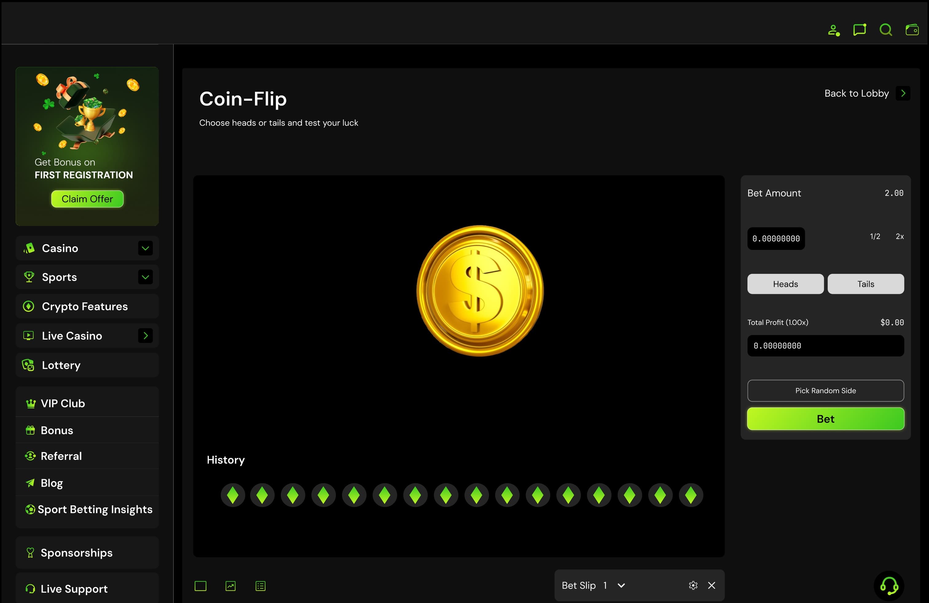 Coin-Flip: a gold coin and the history of results, with the bet amount, heads or tails and Bet beside it