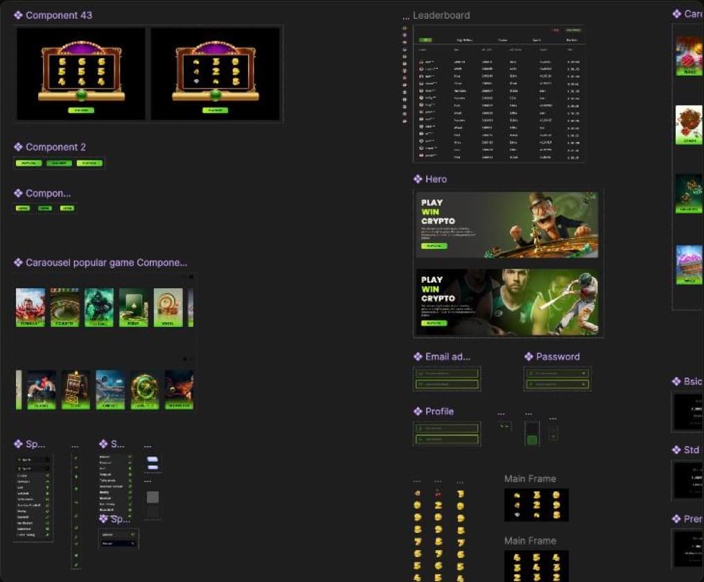 The component page in Figma: slot reels, buttons, a leaderboard, hero variants, game and sports carousels, inputs, profile and lottery tiers