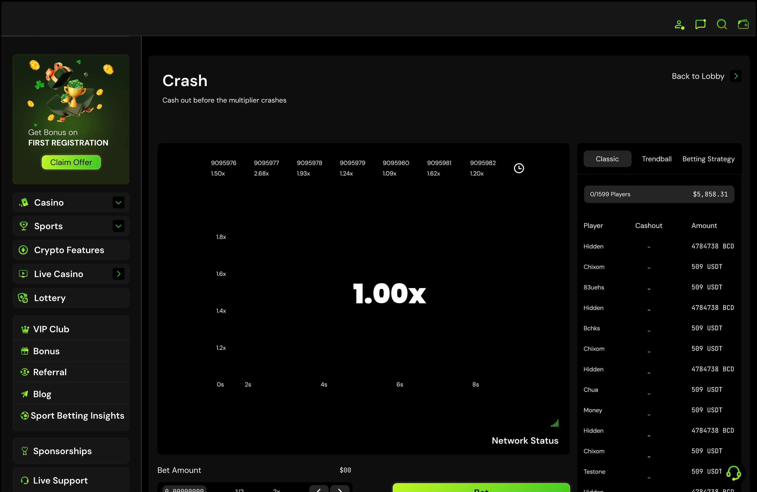 Crash: recent rounds above a live multiplier at 1.00x, with the bet amount and Bet below and this round’s players beside it