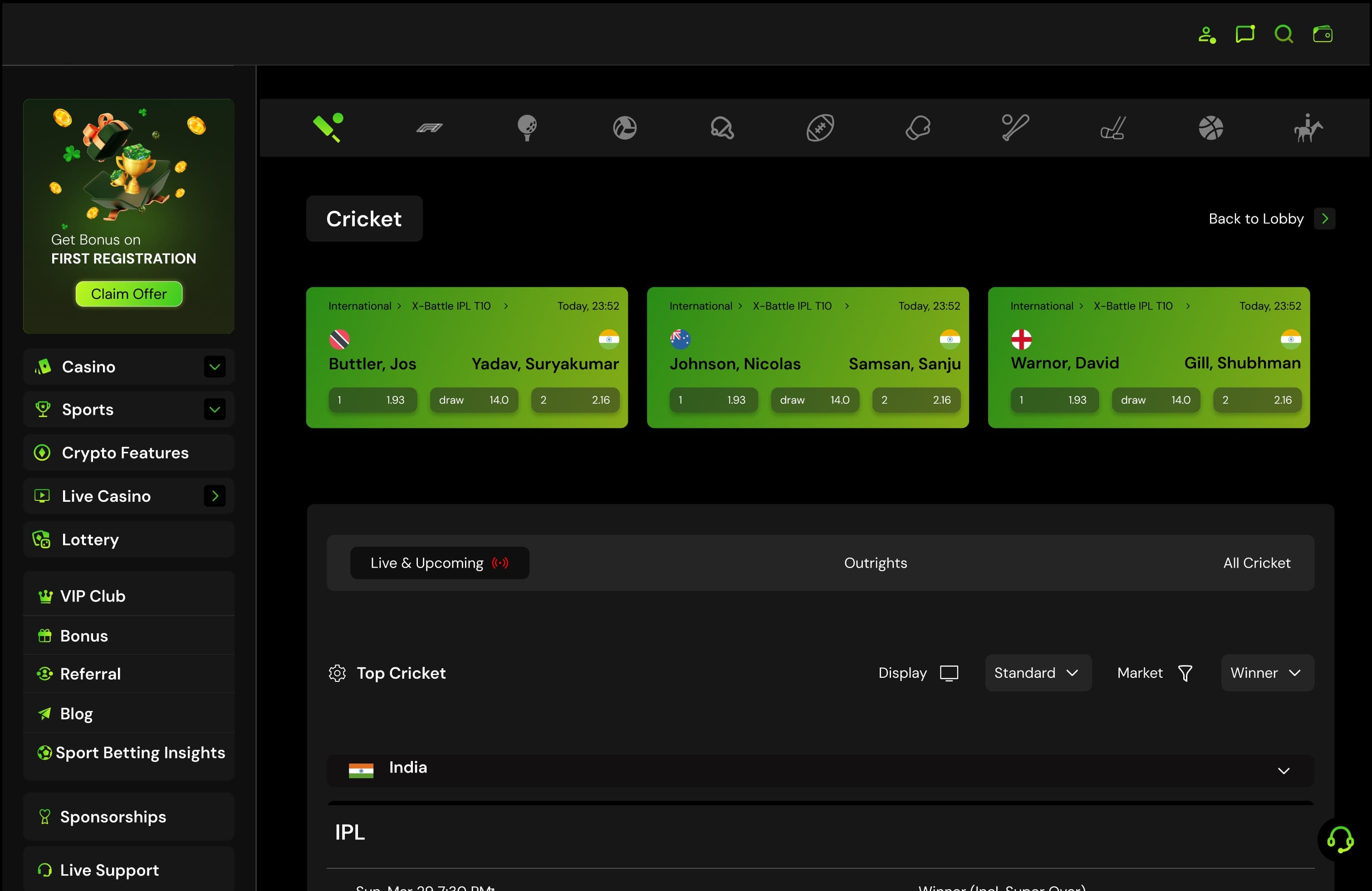 Cricket: the sport bar, three featured matches with odds, and live and upcoming fixtures with display and market filters
