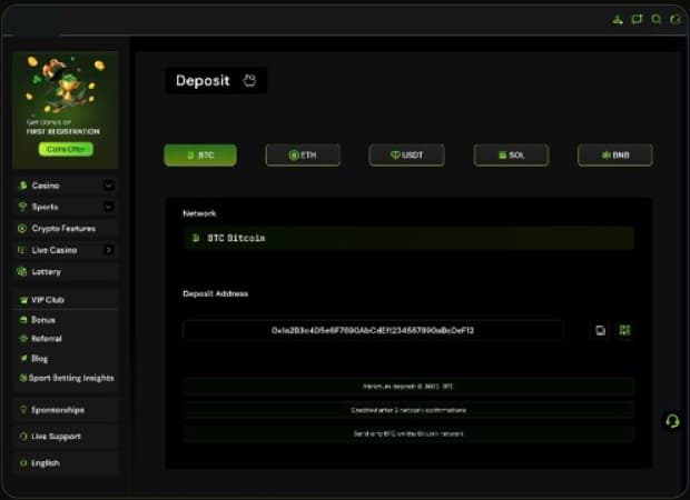 Deposit: BTC, ETH, USDT, SOL and BNB tabs, the named network, a deposit address with copy and QR, and the deposit rules