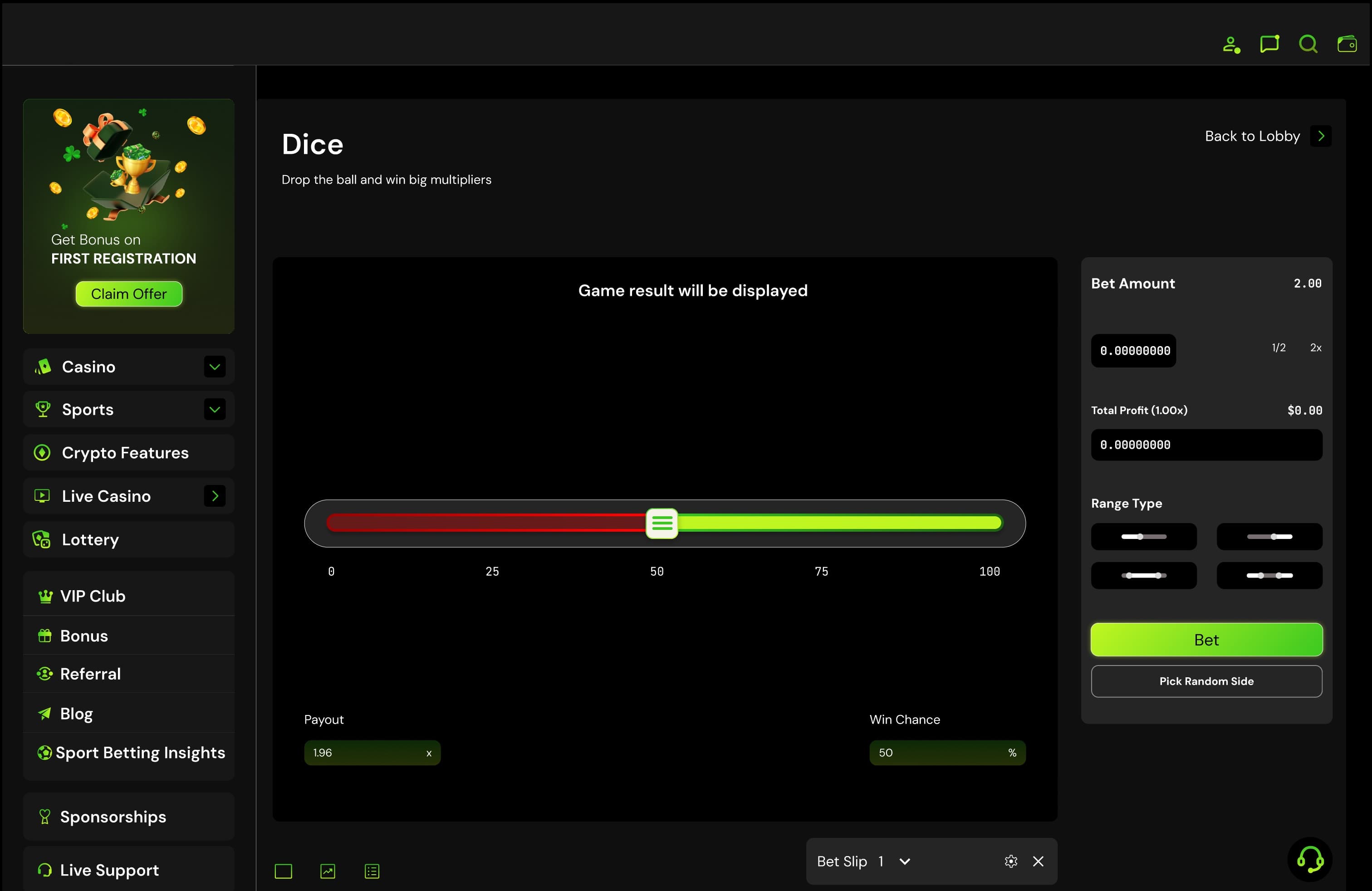 Dice: a range slider with the payout and win chance below it, beside the bet amount, range type and Bet