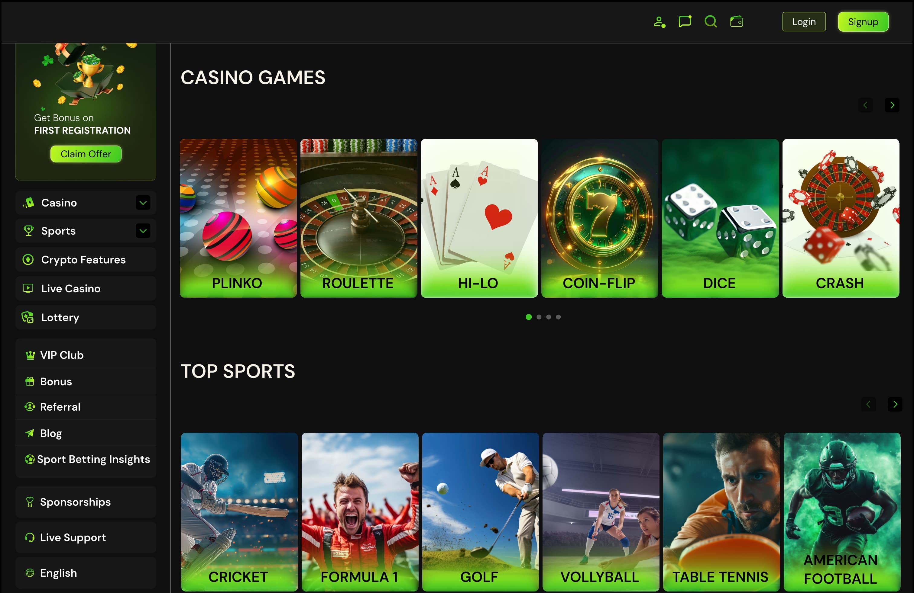 Home’s casino games and top sports carousels: Plinko, Roulette, Hi-Lo, Coin-Flip, Dice and Crash above Cricket, Formula 1, Golf, Volleyball, Table Tennis and American Football