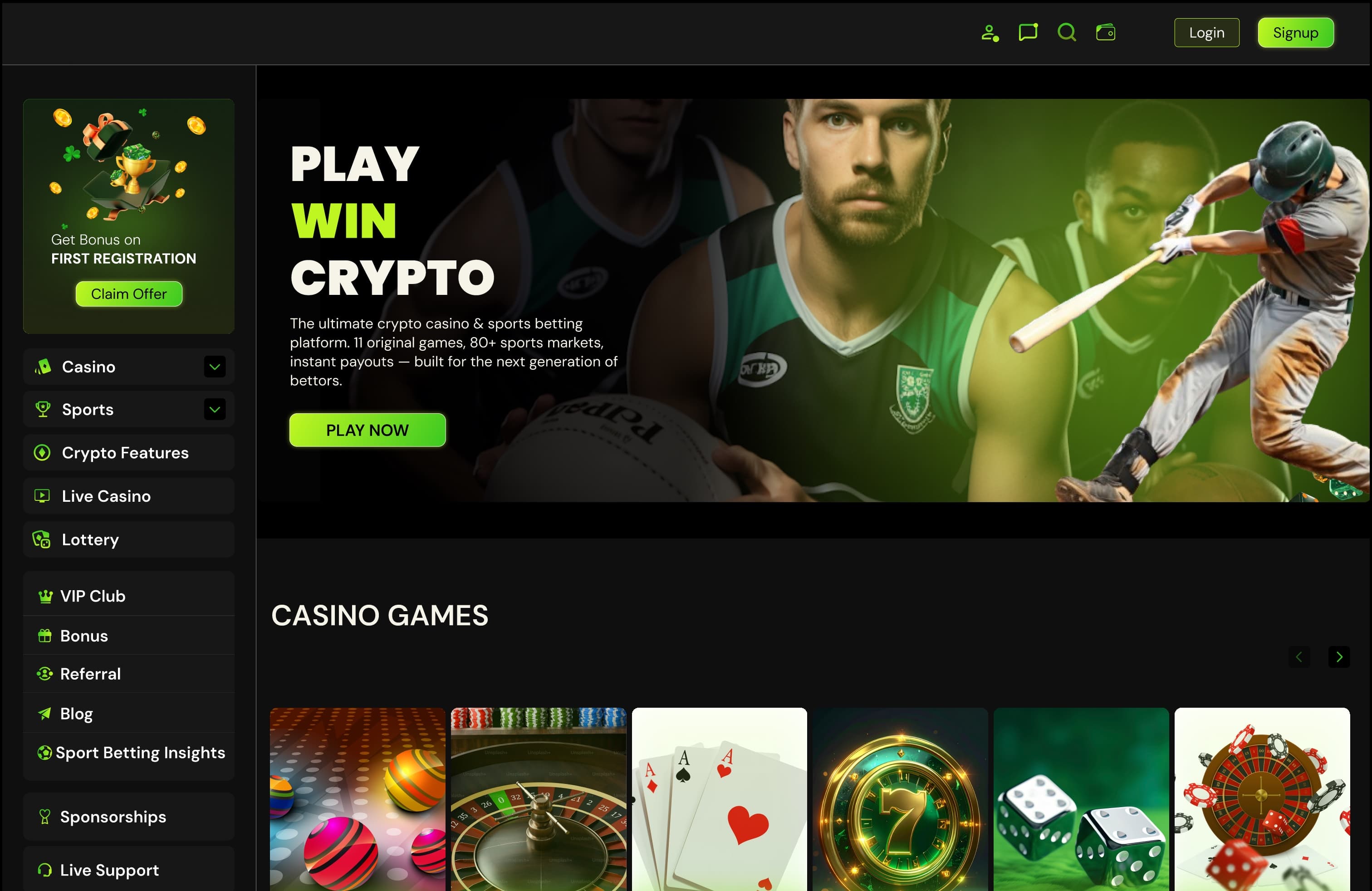 Home: the persistent sidebar and header around a “Play, win, crypto” hero and a casino games carousel