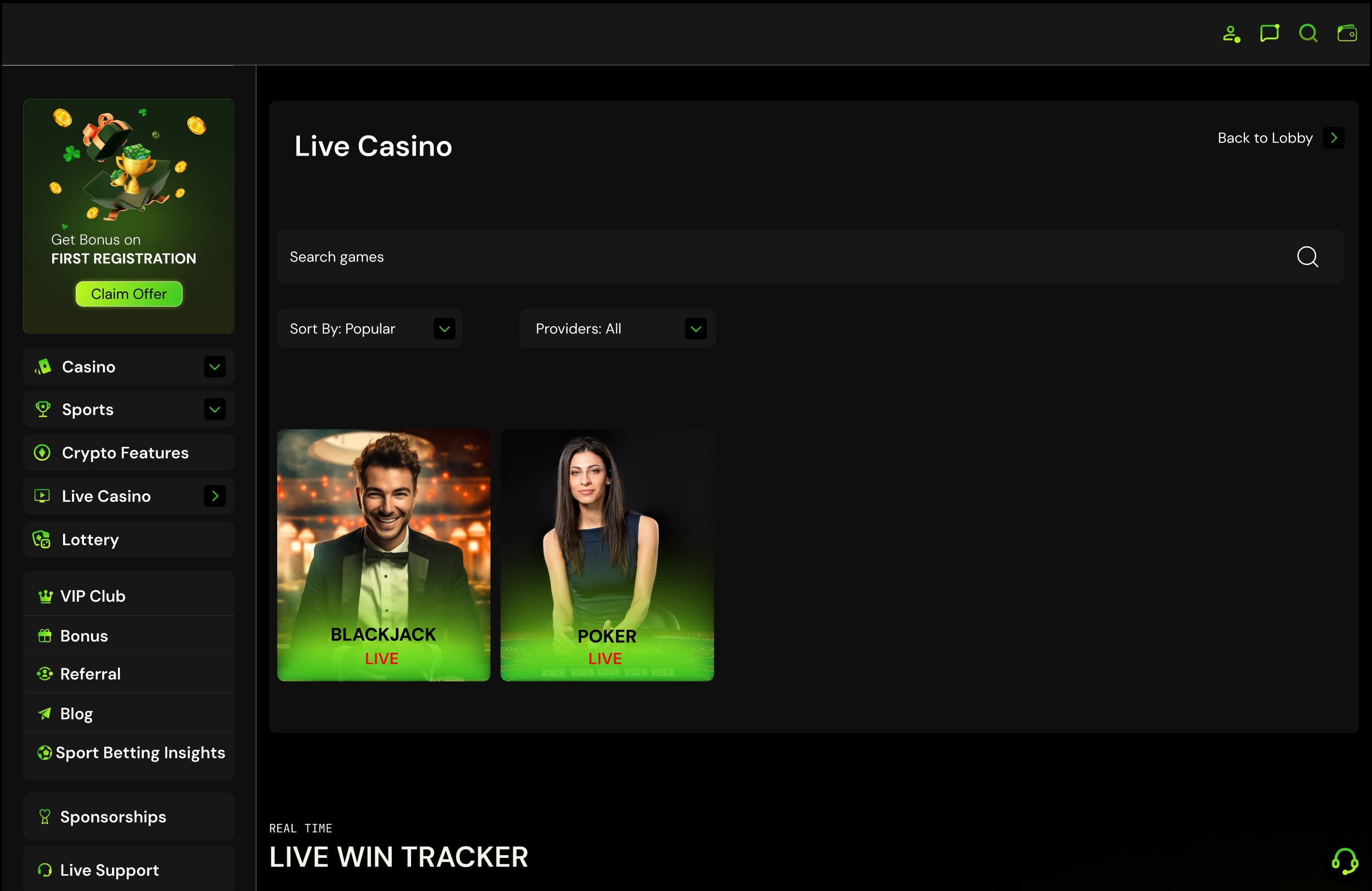 Live casino lobby: search, sort and provider filters over Blackjack and Poker tables, with the live win tracker below
