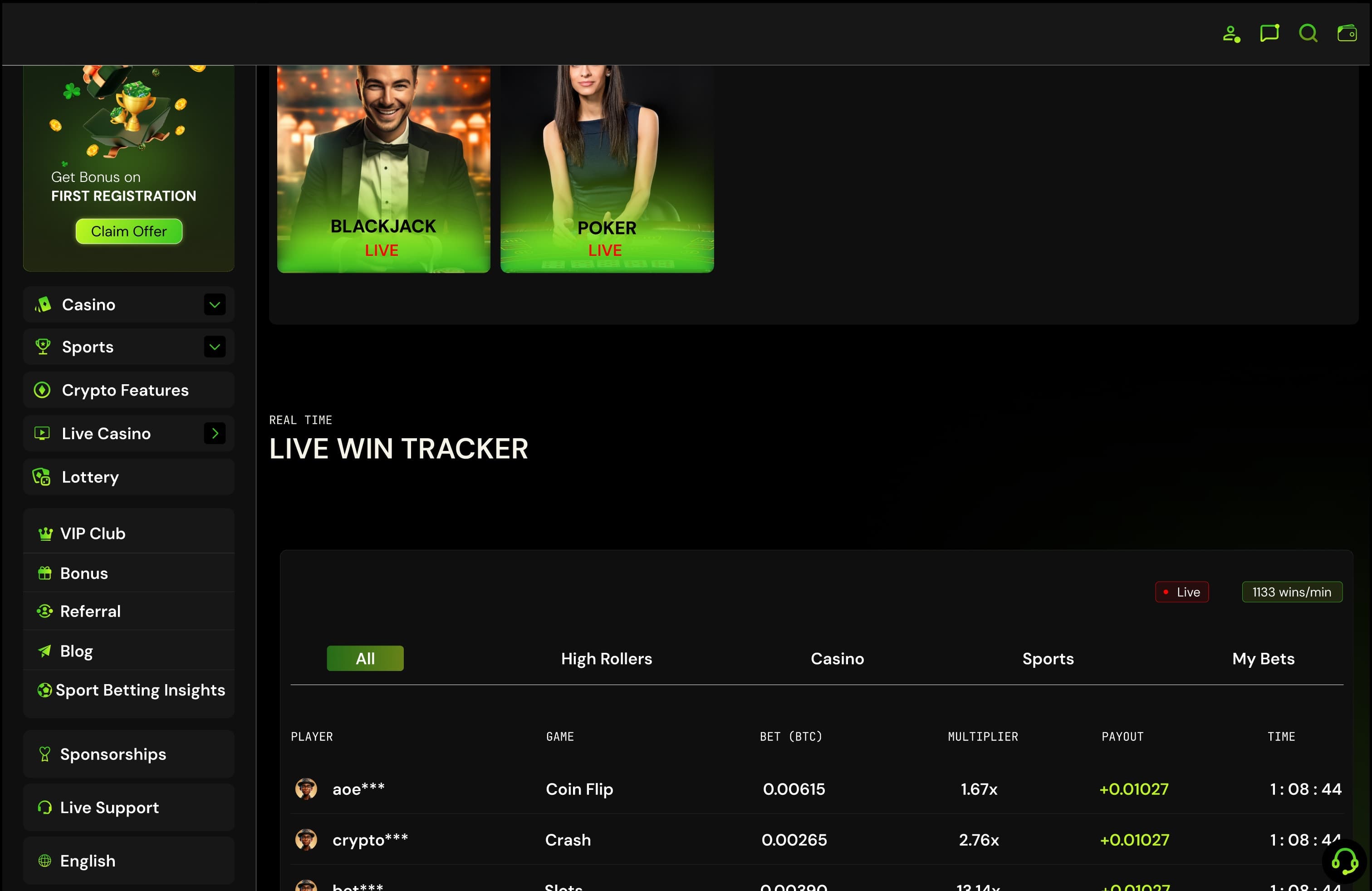 Live win tracker: recent wins by player, game, bet, multiplier and payout, with every username masked