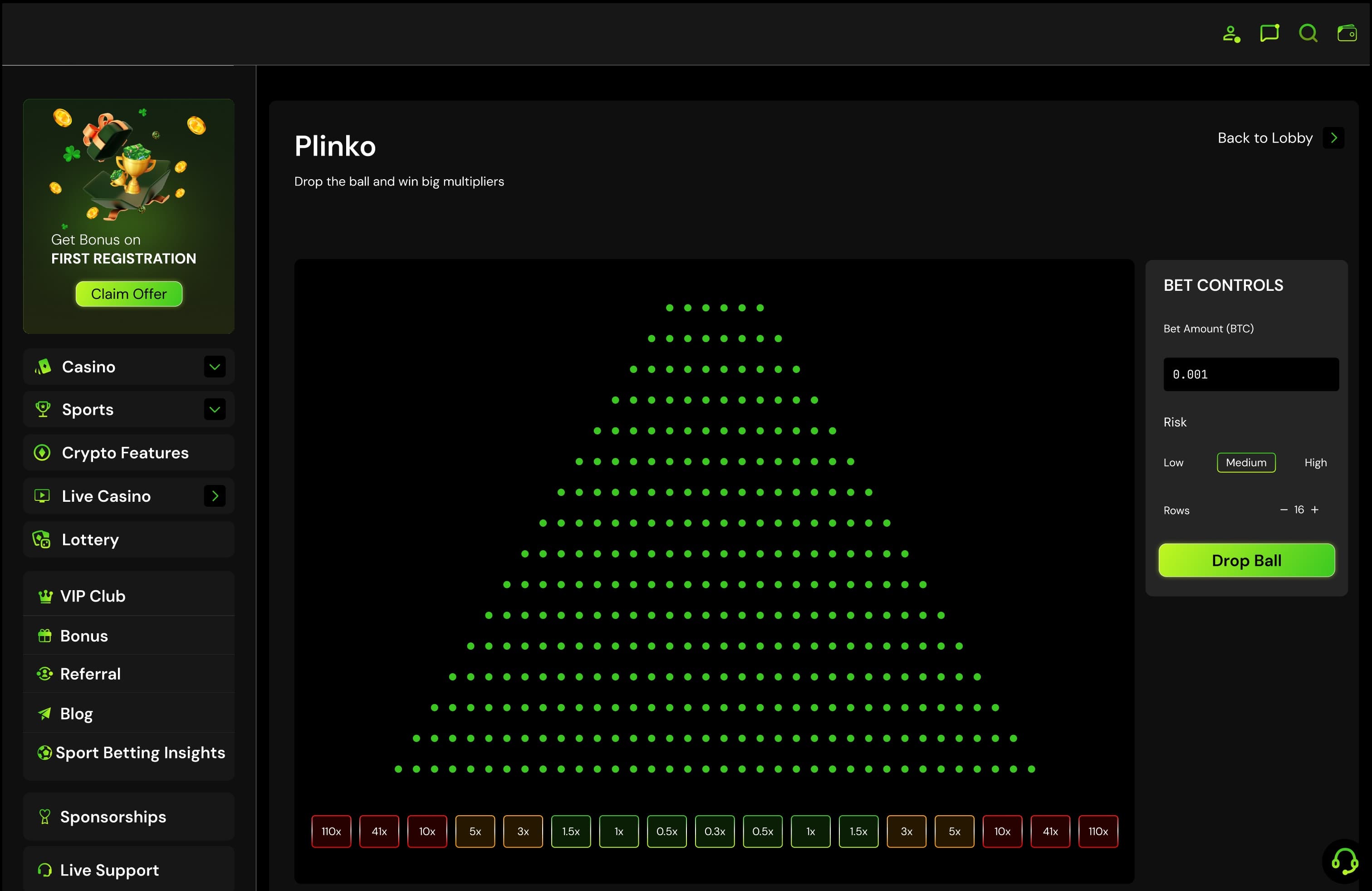 Plinko: a peg board above a row of multipliers, with bet controls — amount, risk and rows — and Drop Ball