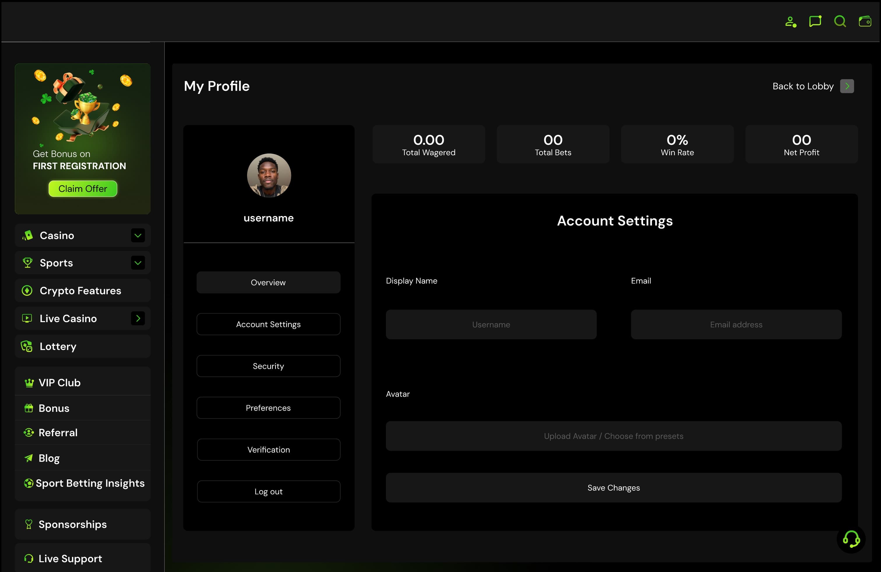 My Profile: total wagered, total bets, win rate and net profit above account settings