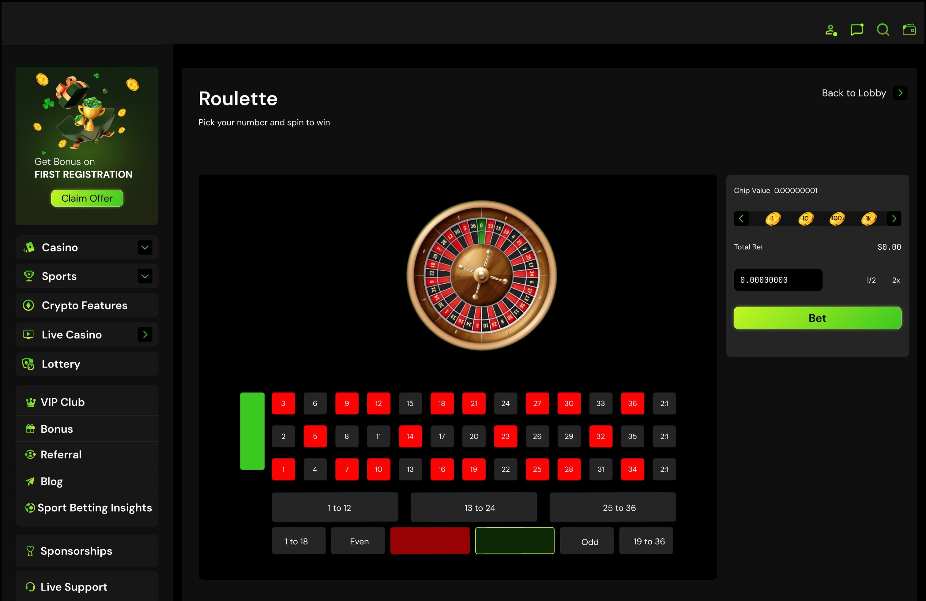 Roulette: the wheel above the number grid, with chip values, the total bet and Bet beside it