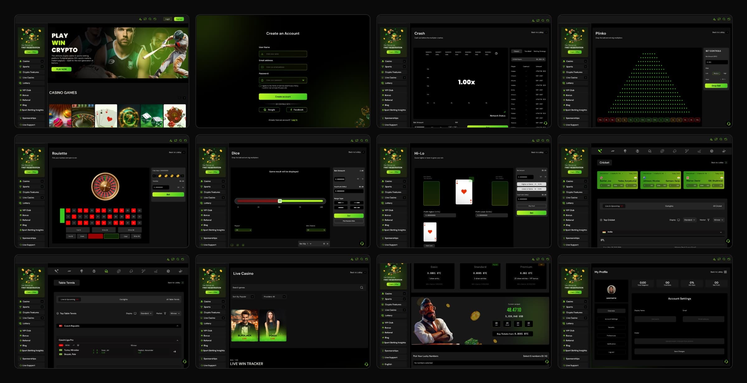 Twelve of the 58 screens: home, sign-up, Crash, Plinko, Roulette, Dice, Hi-Lo, Cricket, Table Tennis, the live casino lobby, lottery tiers and profile