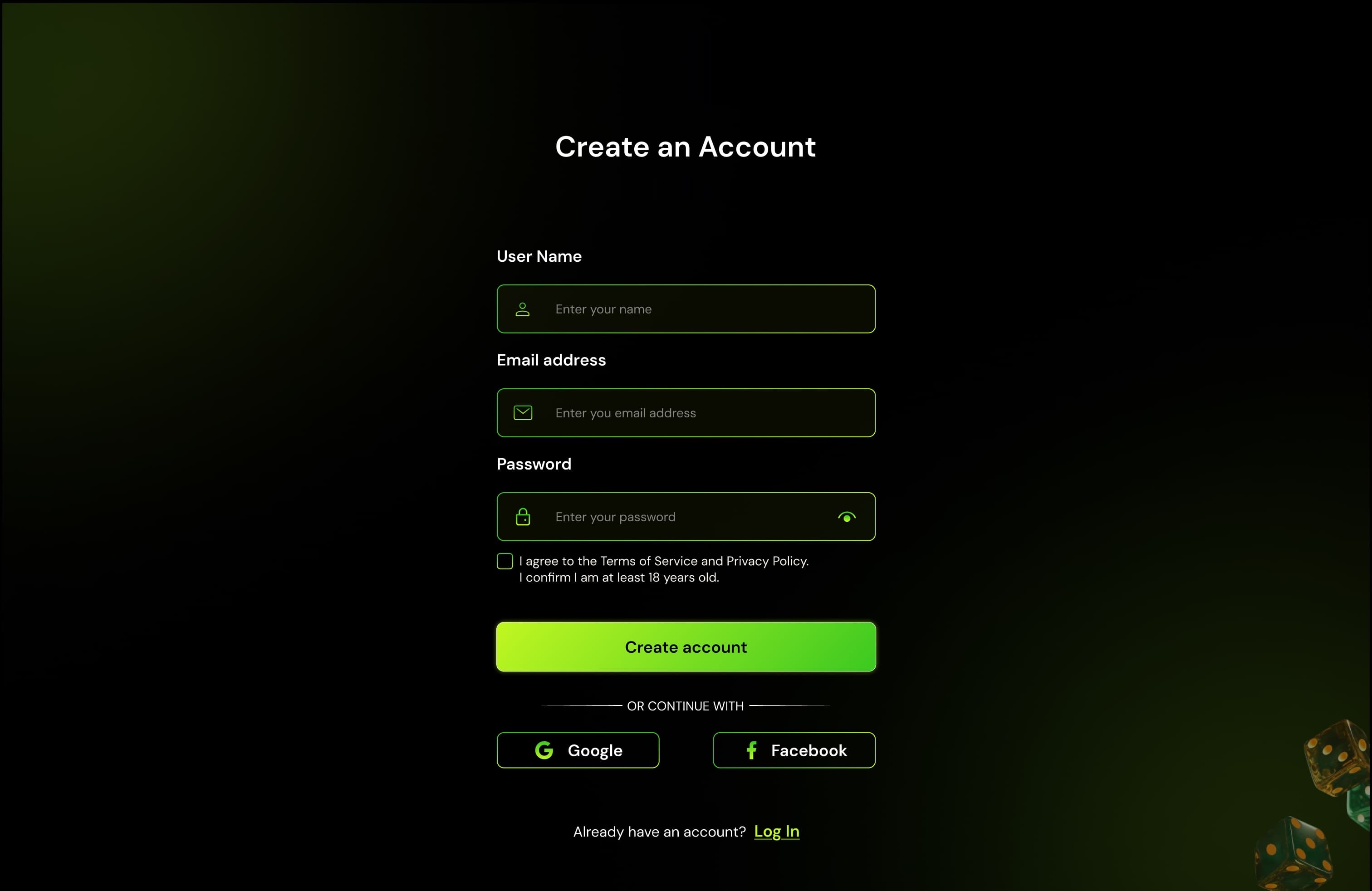 Create an account: user name, email and password fields, a required terms and 18+ confirmation, Create account, and Google or Facebook