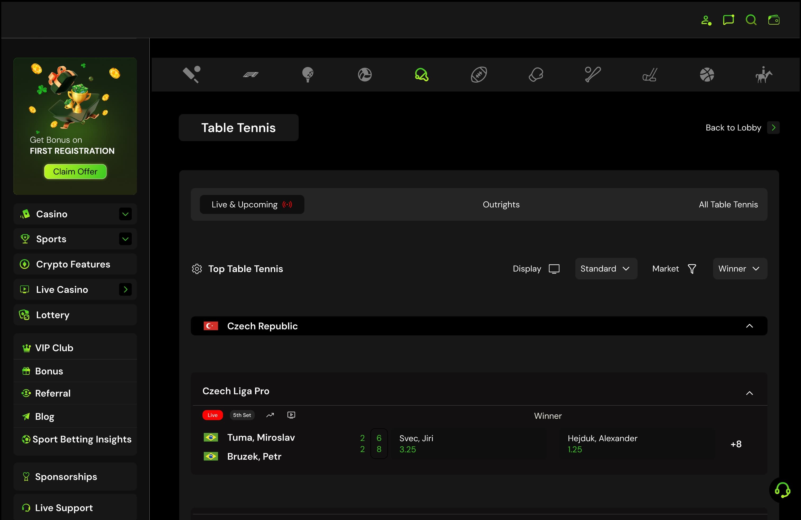Table Tennis: live and upcoming fixtures by league, with a live match, odds and the display and market filters