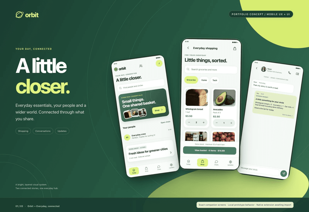 Orbit presentation: Today, Shop and a conversation screen on an emerald background, beside the line “A little closer.”