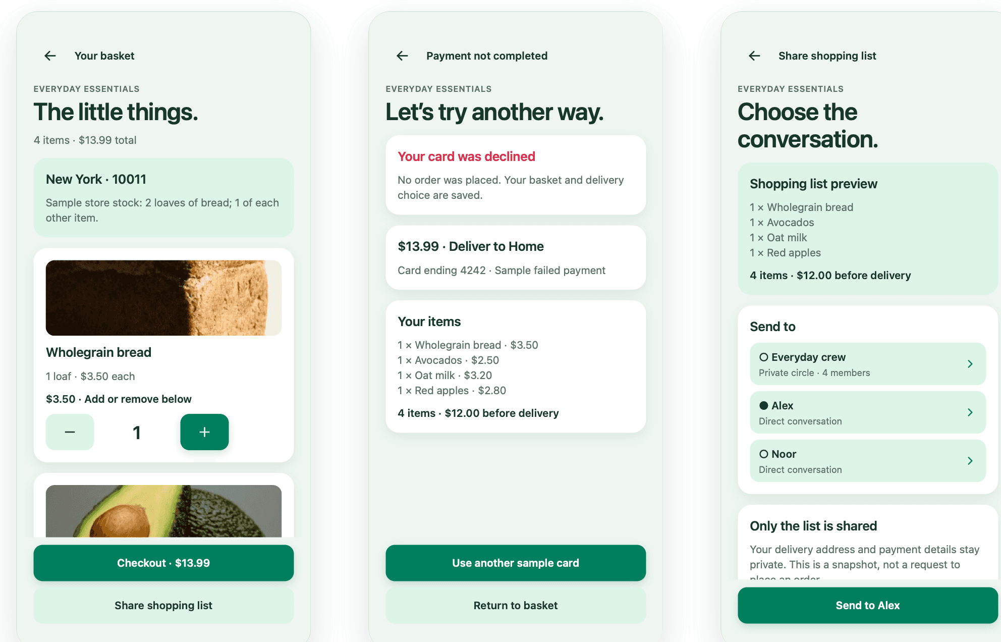 Three Orbit screens: a basket with quantity controls, a declined card with a way to recover, and a shopping list shared to one chat