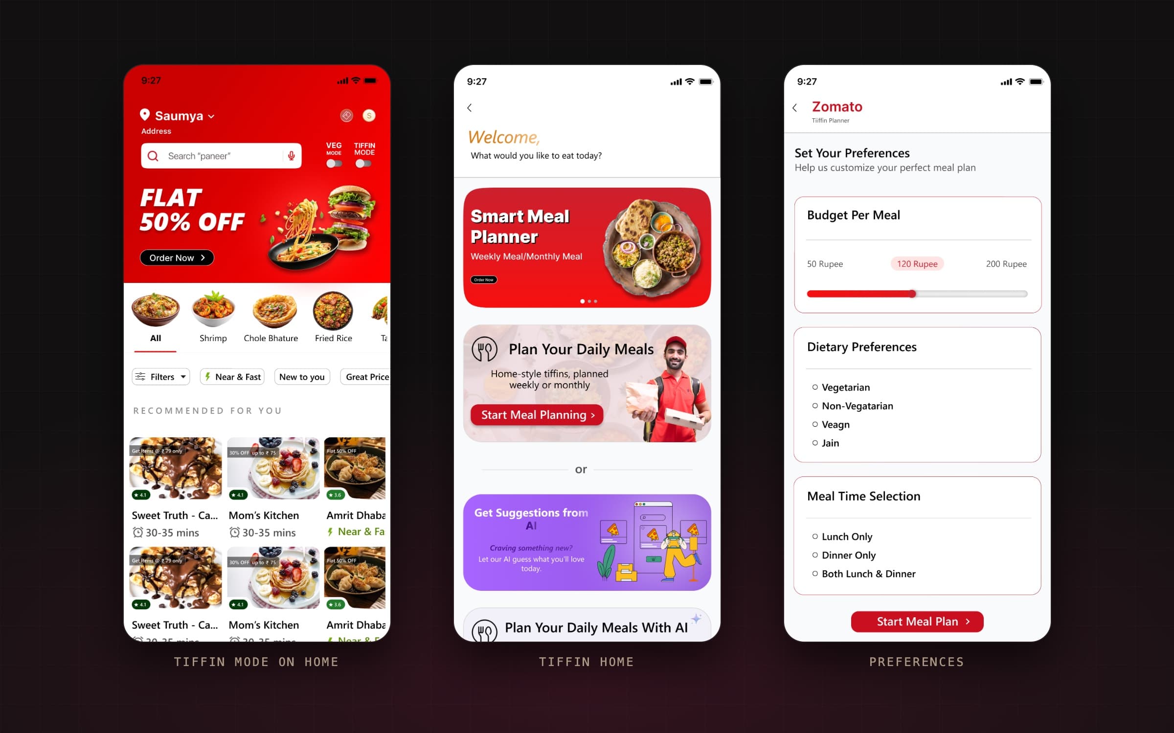 Home with the Tiffin mode switch next to Veg mode; the Tiffin home with a Smart Meal Planner banner, Start Meal Planning and a Get Suggestions from AI card; and preferences with a budget-per-meal slider, dietary preferences and meal times