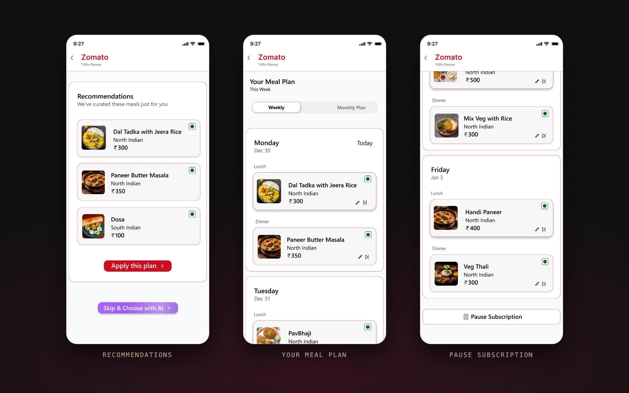 Recommendations showing dish, cuisine and price with Apply this plan and Skip & Choose with AI; the weekly meal plan with a Weekly/Monthly toggle; and the end of the plan with Pause Subscription