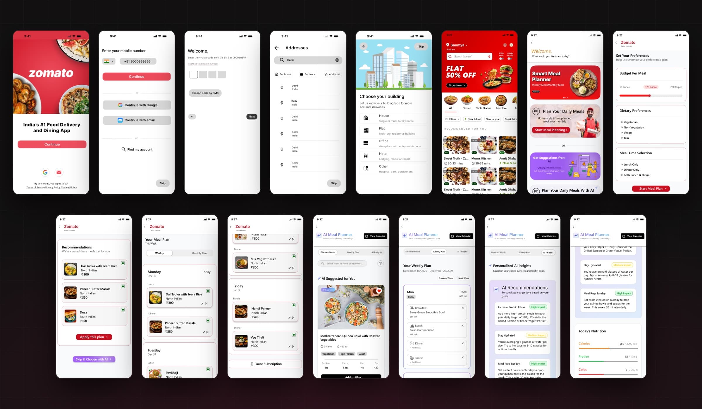 Thirteen screens from the prototype, with the meal plan and AI insights also shown scrolled: splash, mobile number, one-time code, address, building type, home, the Tiffin home, preferences, recommendations, the meal plan, and the AI Meal Planner’s discover, weekly and insights tabs