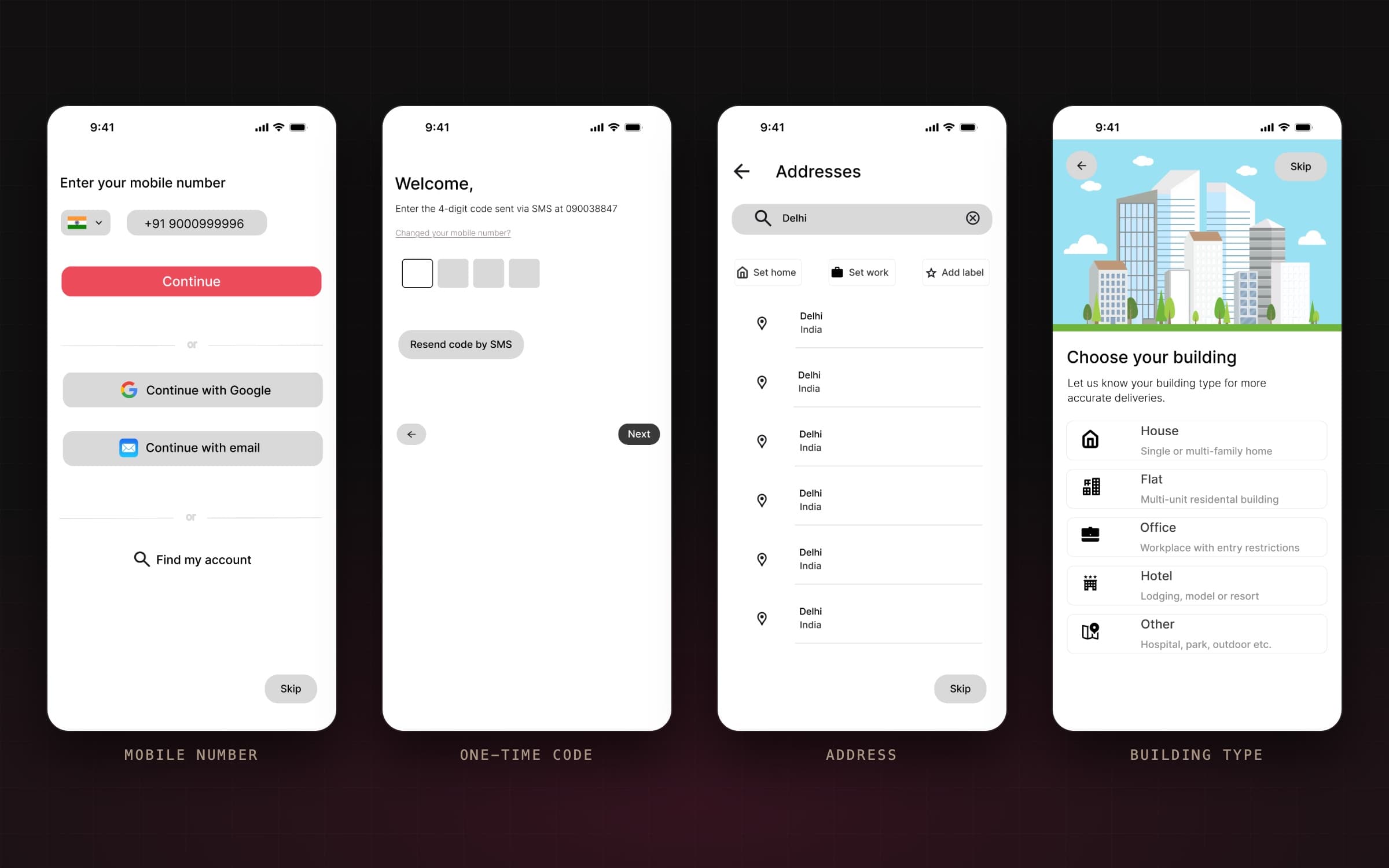 Sign-in and address screens: entering a mobile number, a four-digit one-time code, choosing a saved address, and choosing a building type