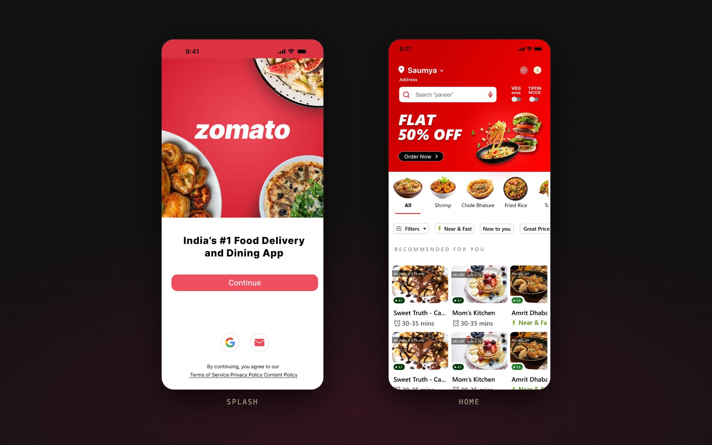 The concept’s starting point: a Zomato splash screen, “India’s #1 Food Delivery and Dining App”, and the home feed of restaurants, offers and 30–35 minute deliveries, with Veg and Tiffin mode switches in the header