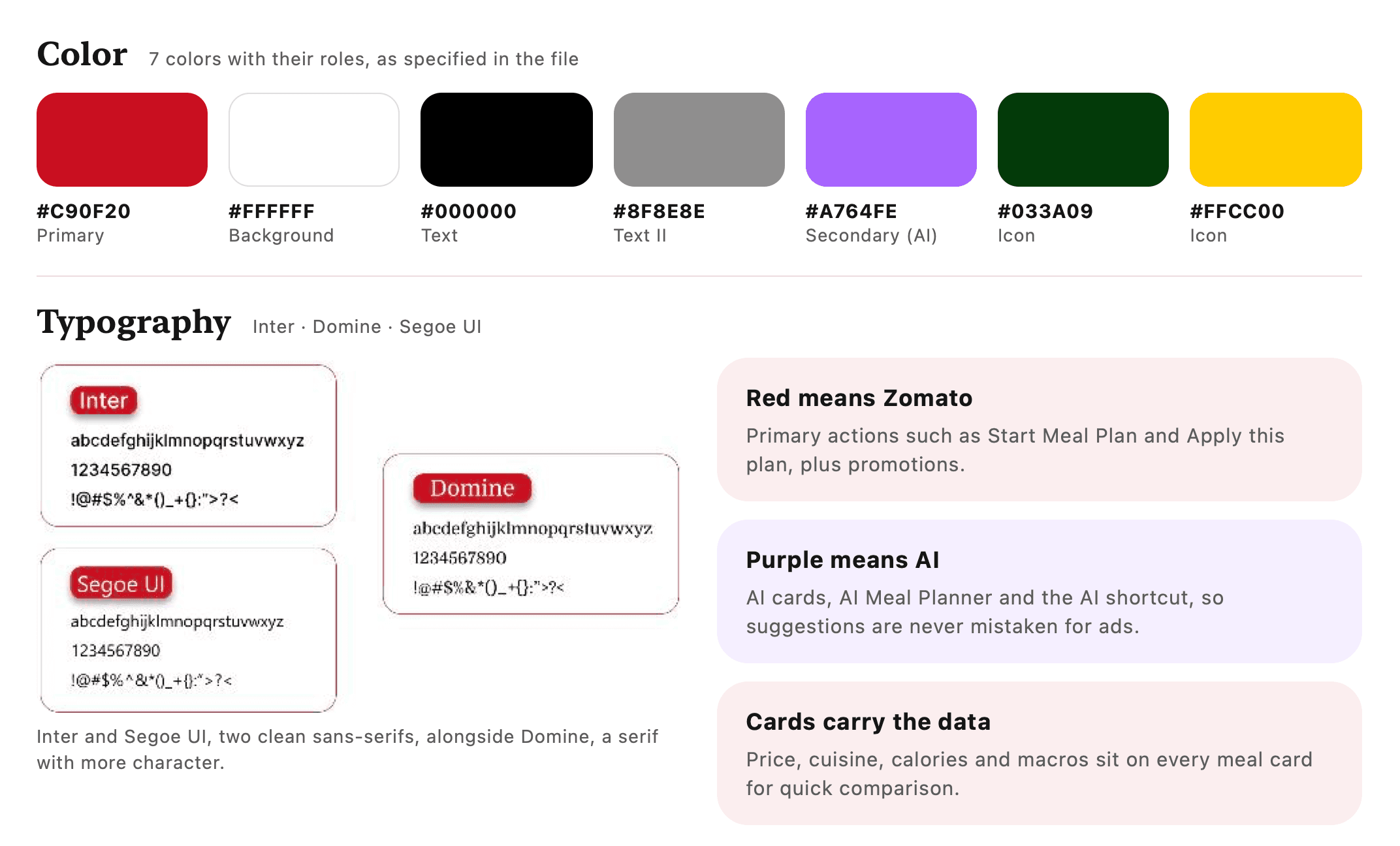 Seven colours with their roles — primary red #C90F20, white, black, grey, AI purple #A764FE, green and yellow — the Inter, Domine and Segoe UI type specimens, and notes on what red, purple and cards mean